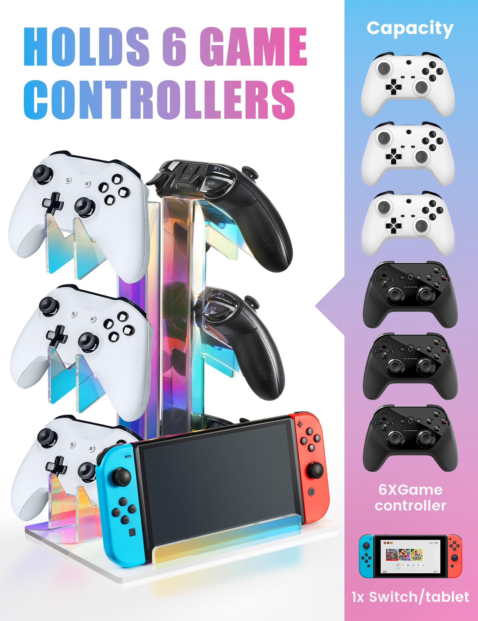 NiHome Iridescent Acrylic 3-Tier Game Controller Stand - Universal Holder for PS5, Xbox ONE, Switch Controllers & Headsets - Anti-Slip Stable Gaming Organizer with White Base - Perfect for Gaming Setup & Accessories Storage