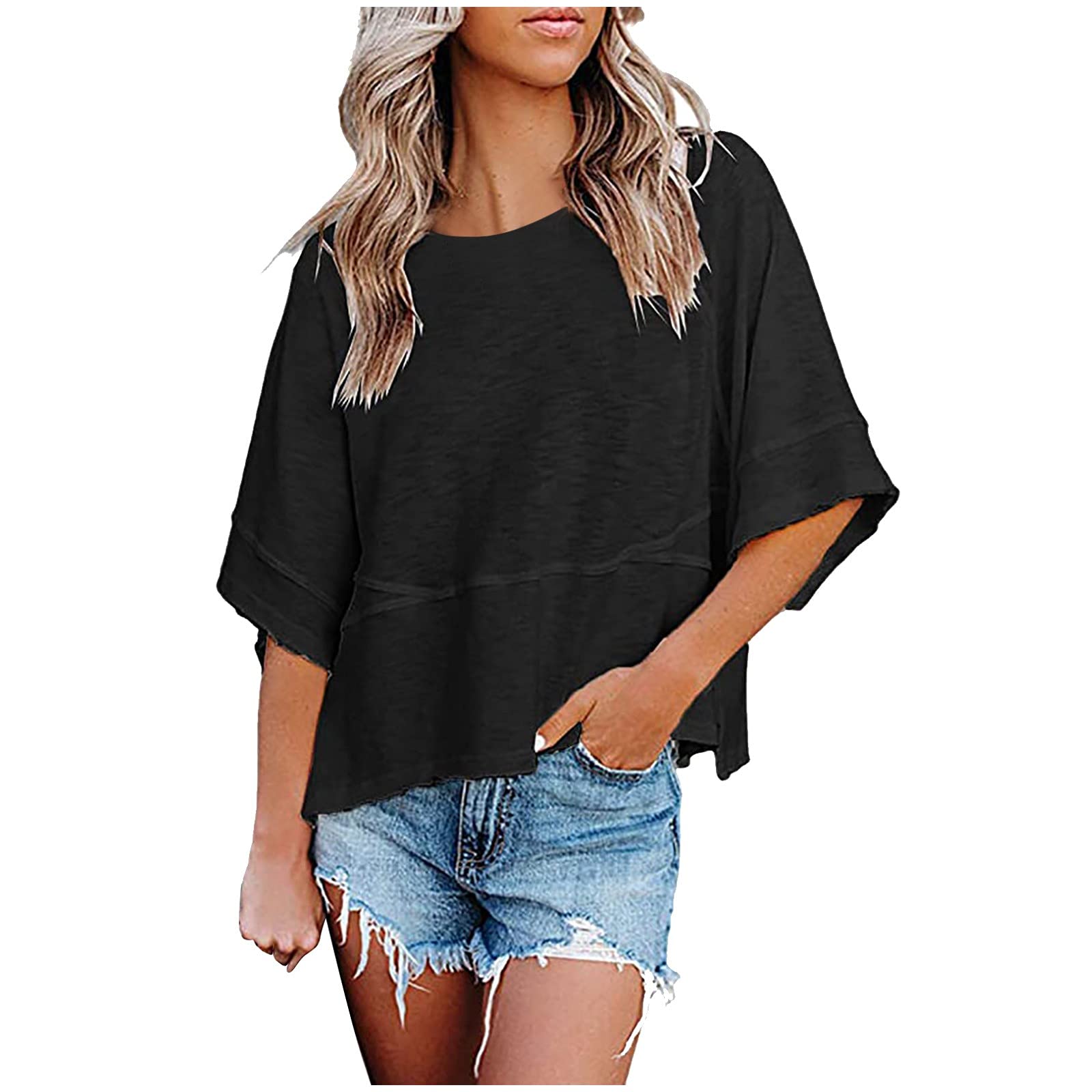 Women's Three Quarter Sleeve Batwing Tops - Loose Casual Round Neck Summer Blouses in Solid Colors | Perfect for Beach Outings, Weekend Wear & Layering Outfits
