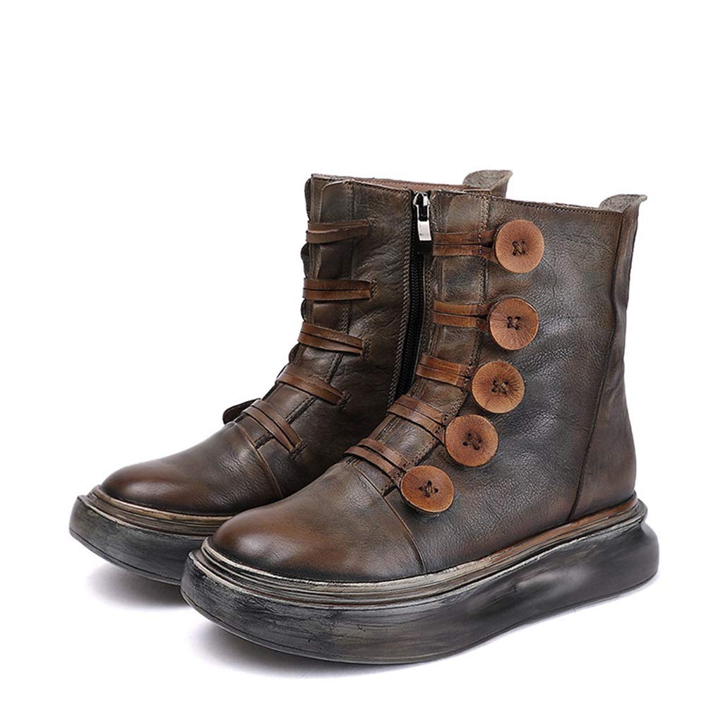 Vintage Women's Leather Boots for Outdoor Work & Walking - Thick Bottom Wedge Mid Ankle Booties (Grey, Size 39/UK 6/US 8) - Perfect for Hiking, Casual Wear & Autumn Fashion