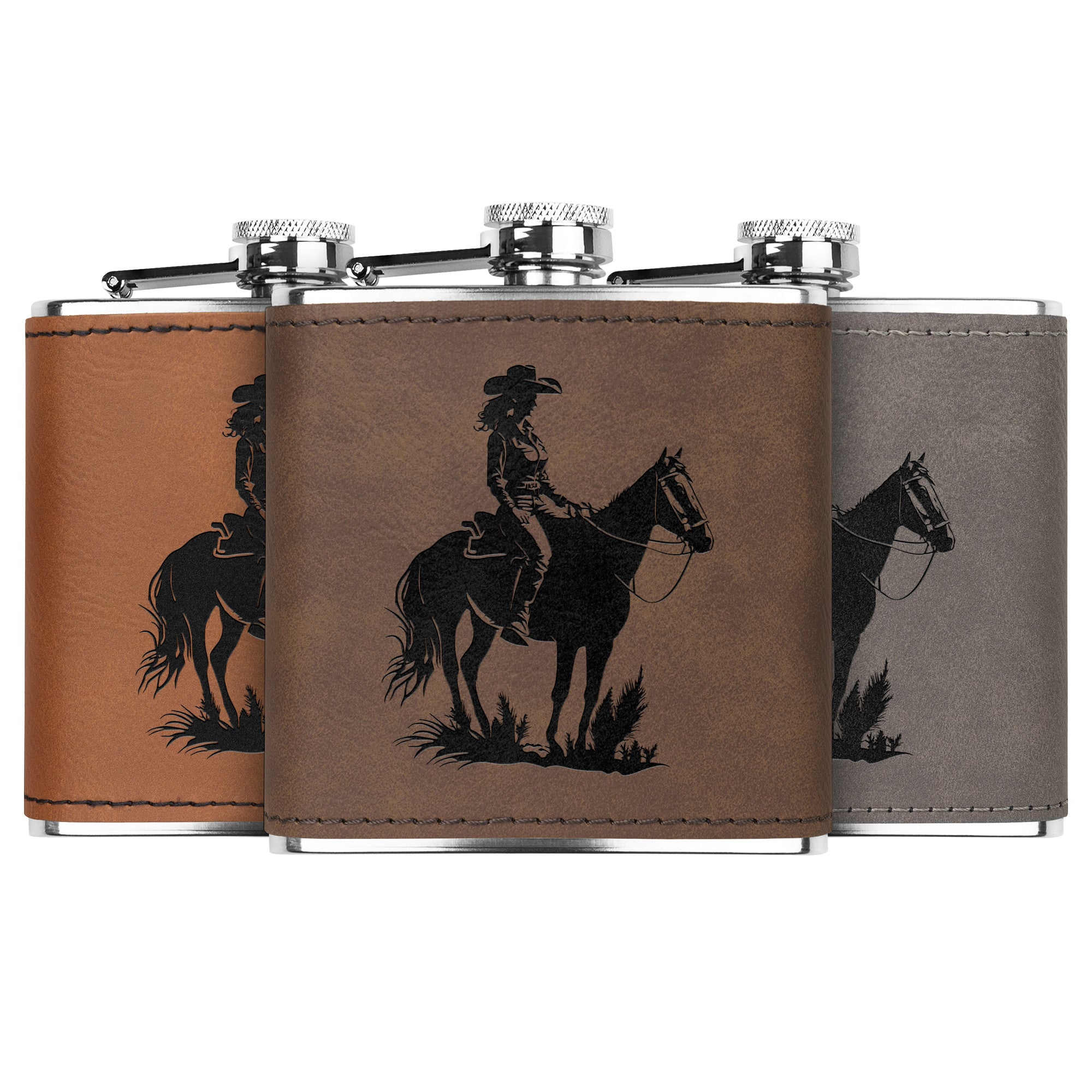 Premium Leather Bound Metal Flask with Cowgirl on Horse Design - Perfect for Outdoor Adventures, Camping, and Western Themed Parties