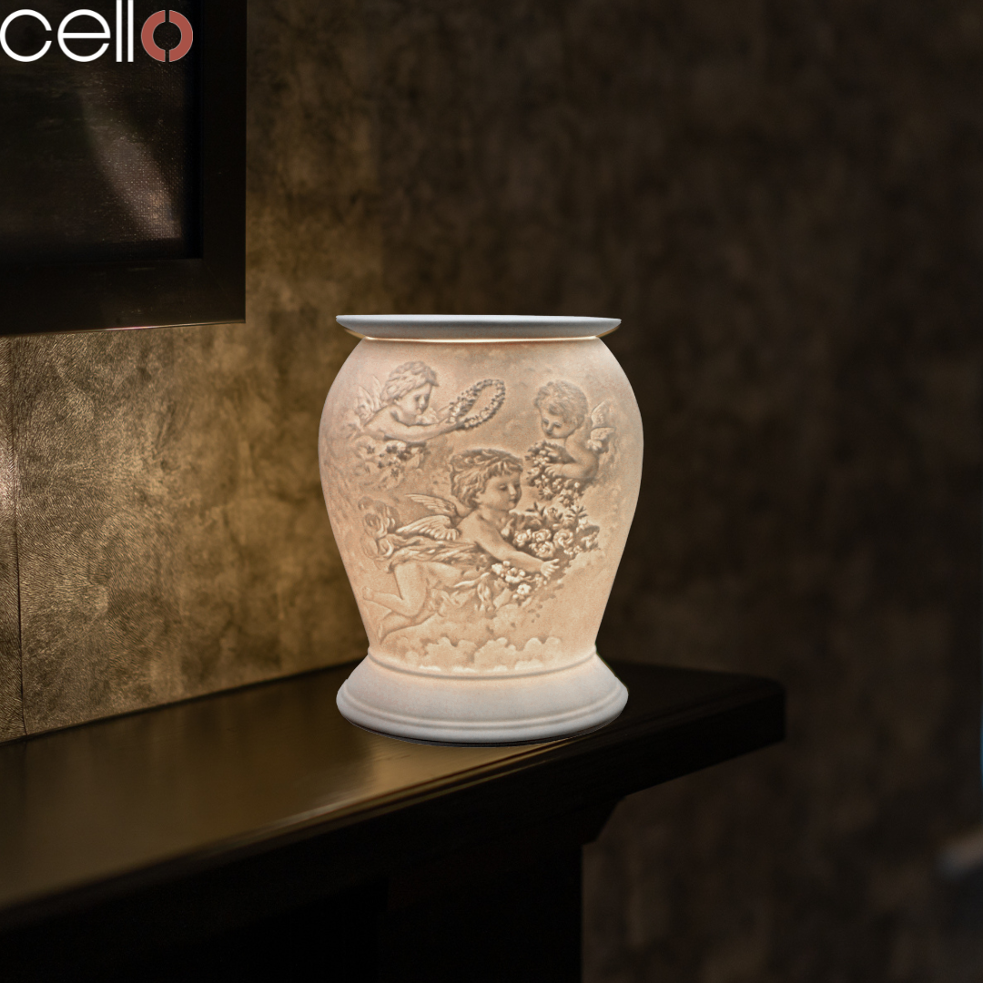 Cello Electric Wax Warmer - Porcelain Barrel Design with Cherub Decor for Home Fragrance & Aromatherapy - Perfect for Living Room, Bedroom, and Office Use