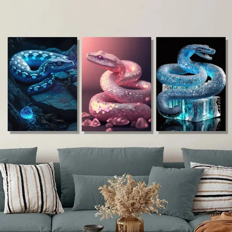 3-Piece Glowing Snake Animal Statue - Metal Wall Art Print Ready to Hang - Perfect for Home Decor, Office & Halloween Party Decoration