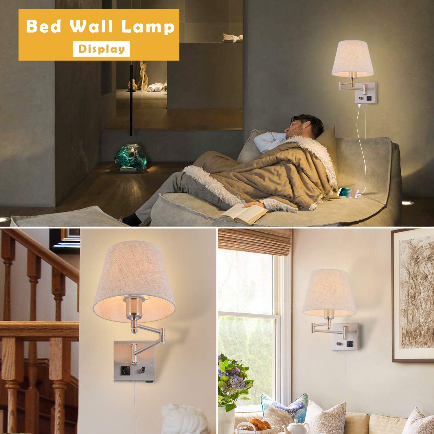 Dimmable Swing Arm Wall Sconce Light with USB Port & Outlet - Adjustable Fabric Shade Bedside Lamp in Satin Nickel for Bedroom, Living Room & Hotel - Perfect for Reading, Nightstand Lighting & Modern Home Decor
