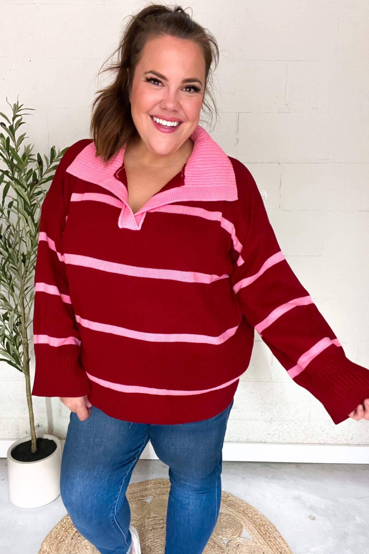 Fall For You Crimson Stripe Notched Neck Collared Oversized Sweater - Women's Cozy Knit Pullover for Autumn & Winter | Perfect for Casual Outfits, Date Nights & Holiday Gatherings