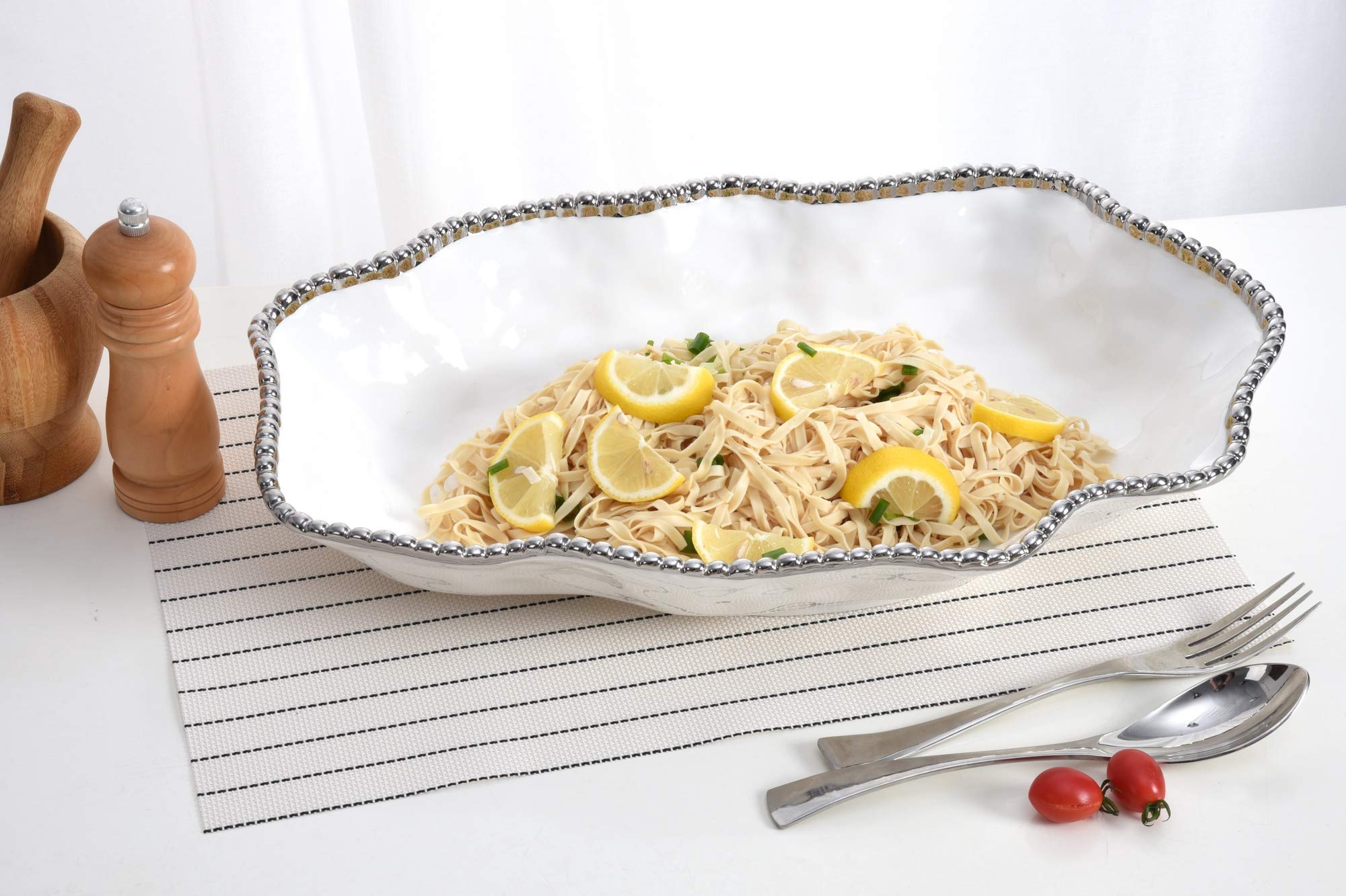 Elegant Oversized White Porcelain Serving Platter with Silver Trim - Perfect for Holiday Dinners, Buffets & Formal Entertaining