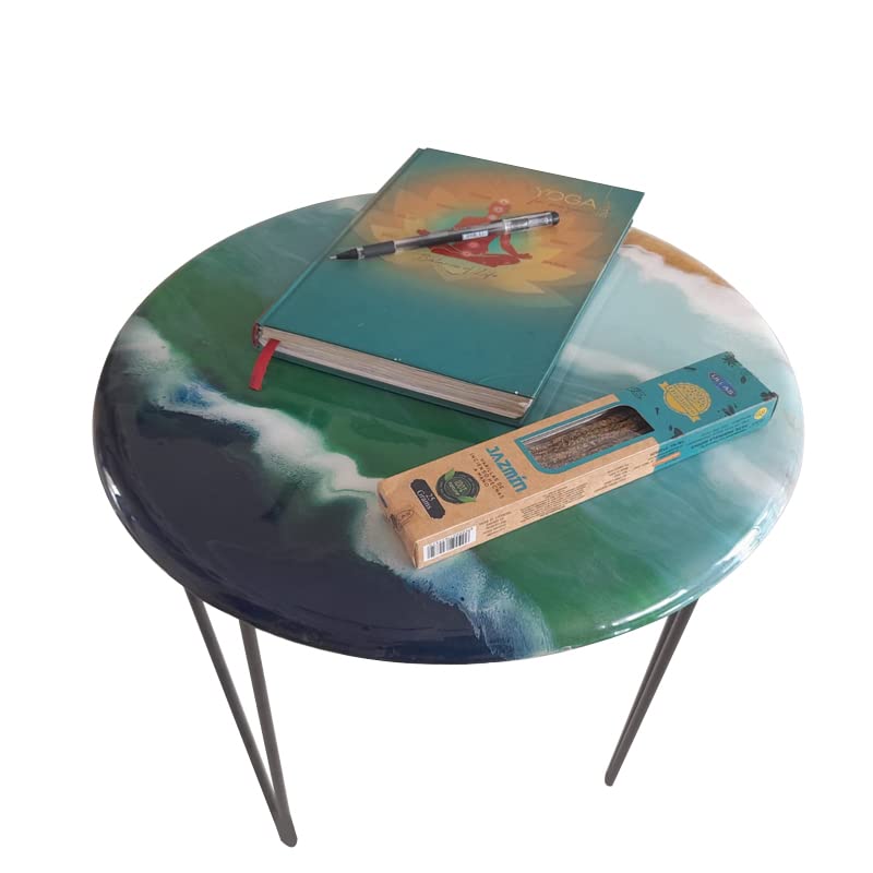 Handmade Epoxy Resin River Table with Wood & Turquoise - Modern Round Dining Table with Iron Legs - Glossy Finish for Living Room, Office, or Restaurant Decor