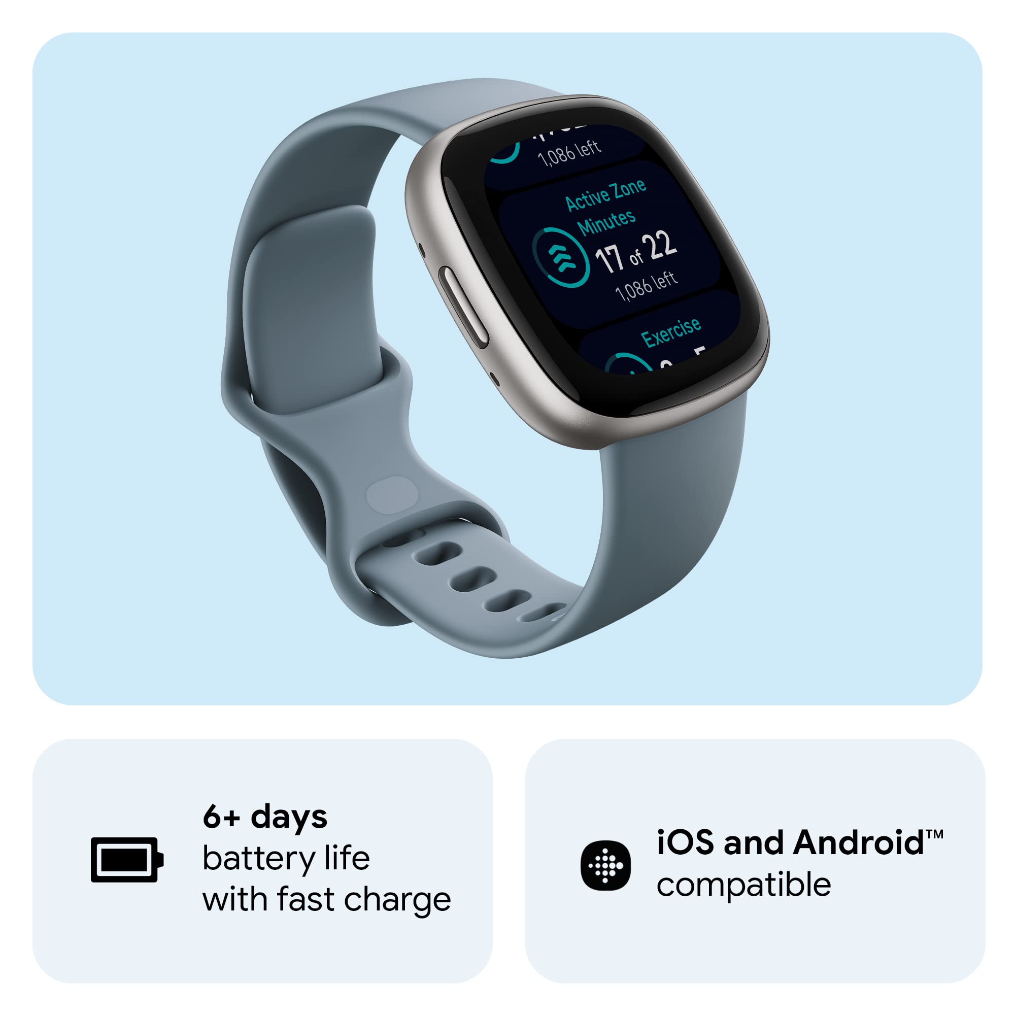 Fitbit Versa 4 Smart Watch - Fitness Tracker with GPS, Heart Rate Monitor, 40+ Exercise Modes, Sleep Tracking & Daily Readiness - Waterfall Blue/Platinum (Includes S & L Bands) - Perfect for Running, Swimming & Daily Activity Tracking