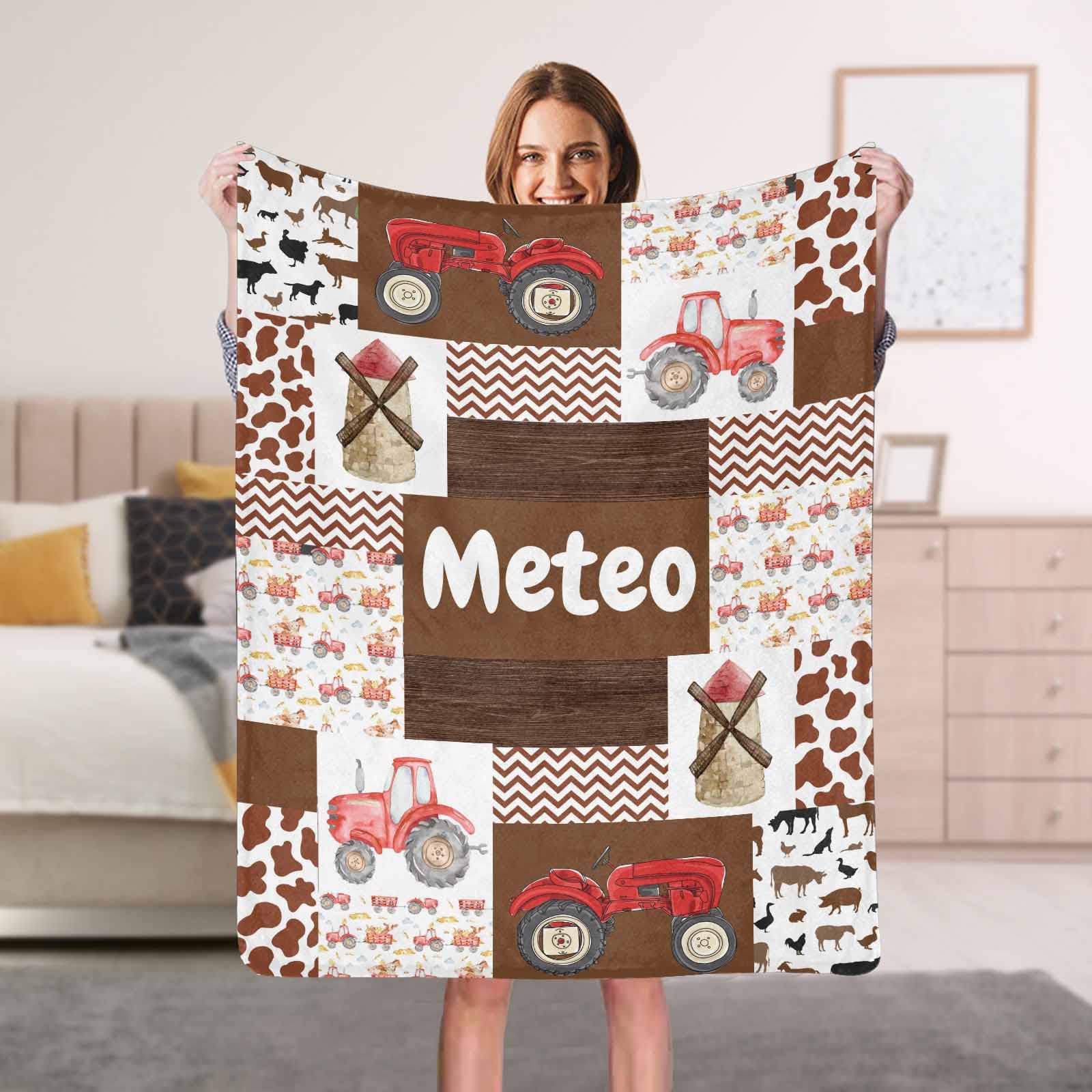 Personalized Baby Name Blanket - Custom Farm Tractor & Cow Print Fleece Blanket for Newborns, Girls & Boys | Ultra Soft Baby Gift for Nursery, Christening & First Birthday | YESCUSTOM