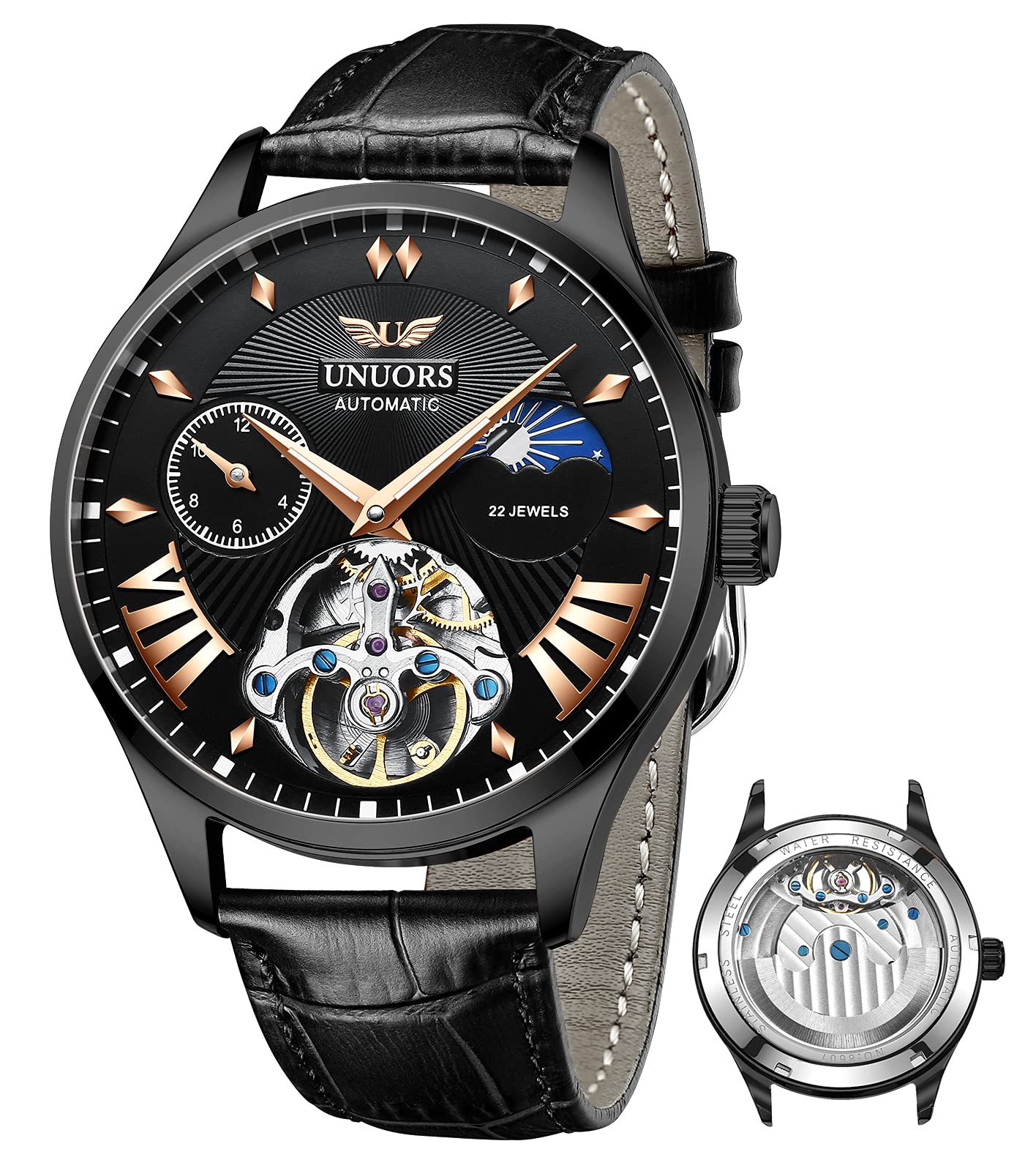 UNUORS Men's Automatic Mechanical Skeleton Tourbillon Watch - Self-Winding Waterproof Wristwatch with Silicone Strap & Luminous Dial - Stylish Casual & Sport Watch for Everyday Wear, Business, and Outdoor Activities
