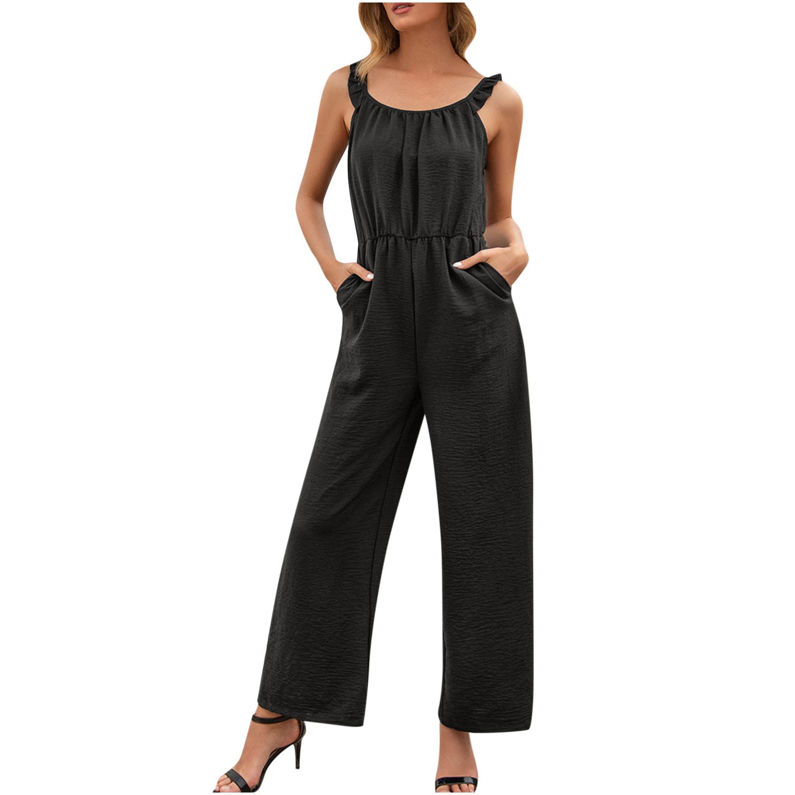 Women's Casual Summer Sleeveless Jumpsuit - High Waist Loose Romper with Pockets - Long Pants Solid Color Tunic Style for Beach, Travel & Everyday Wear