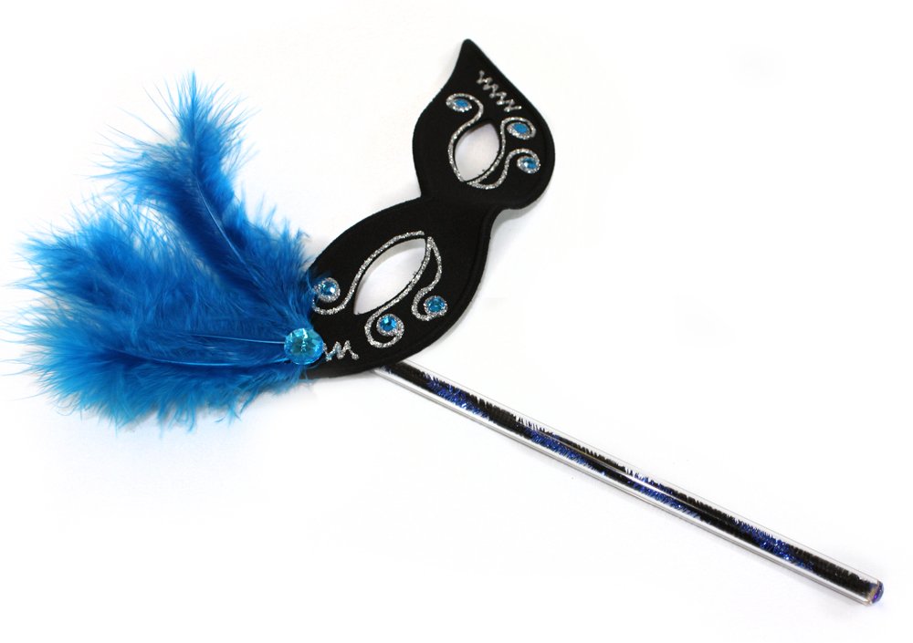 Elegant Glitz Black-Turquoise Feather Masquerade Mask on Stick for Women | Venetian Ball, Halloween Costume, Mardi Gras Party Accessory