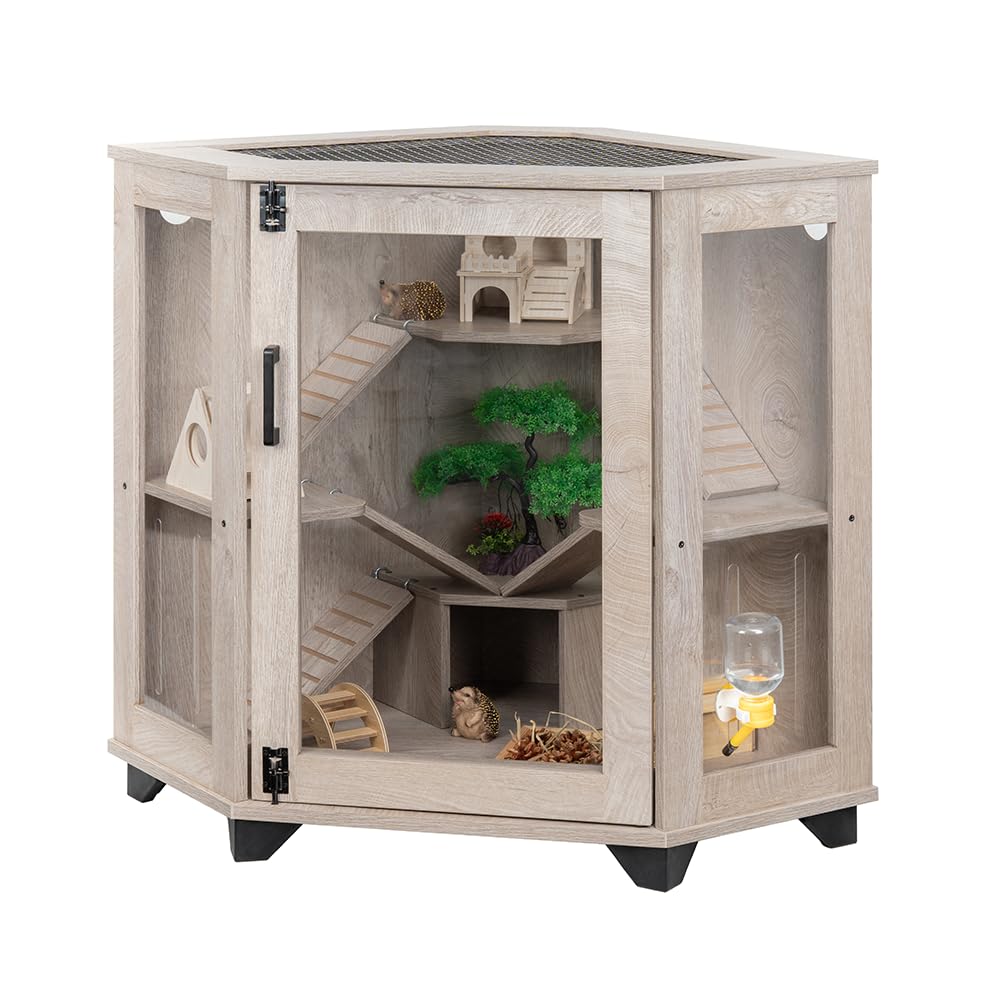 Unipaws Clear Acrylic Small Animal Cage with Ramp & House - Chinchilla, Rat, Hedgehog, Hamster, Mice Habitat - Perfect for Corner Spaces in Home, Office or Classroom