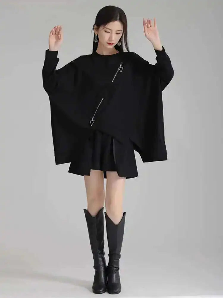 Black Irregular Hem Zipper Sweatshirt for Women - Oversized Round Neck Long Sleeve Pullover | Trendy 2025 Fall & Spring Fashion | Perfect for Casual Outfits, Streetwear, and Layering