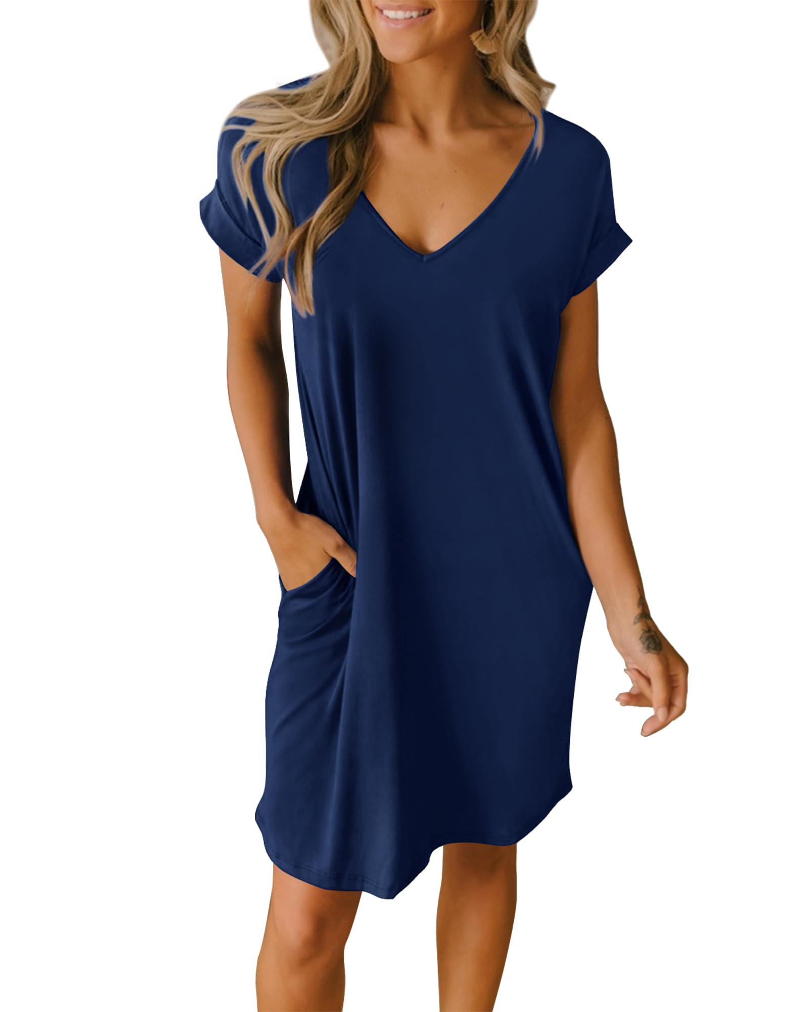 BTFBM Women's V-Neck Short Sleeve Summer Dress 2025 - Casual Loose Tunic T-Shirt Dress with Pockets for Spring/Summer Wear, Beach Outings, and Lounge Pajamas