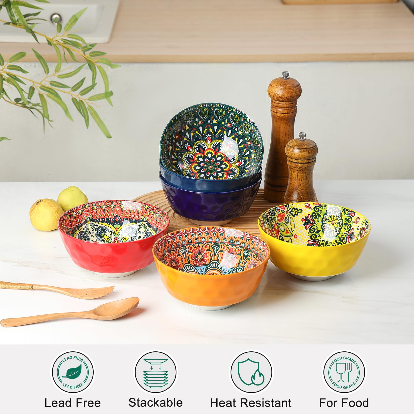 KitchenTour 6-Piece Ceramic Cereal Bowls Set - 26oz Microwave & Dishwasher Safe Soup Bowls for Oatmeal, Salad, Pasta, Dessert - Colorful 6.4 Inch Serving Bowls for Dining, Kitchen, Restaurant & Party Use