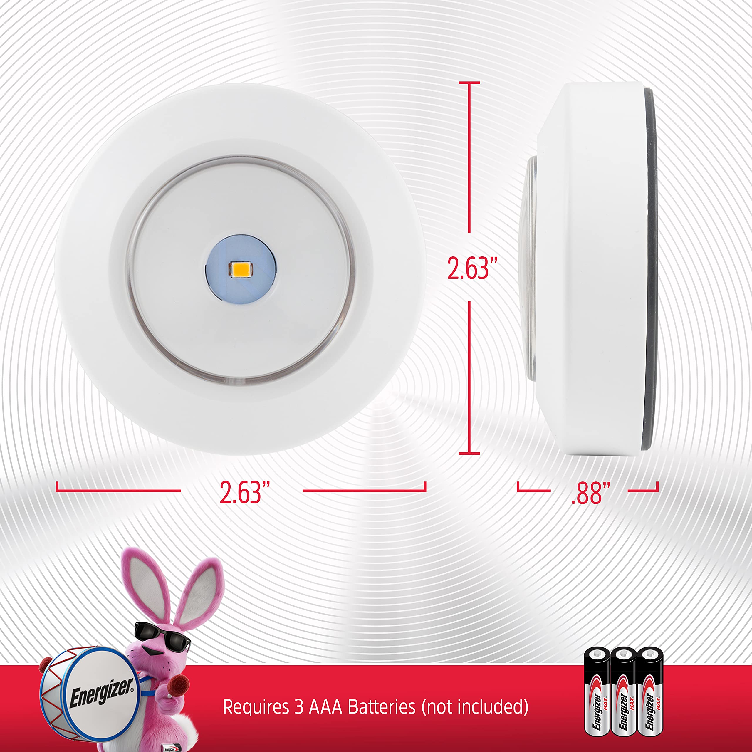 Energizer LED Puck Lights 2 Pack - Battery Operated Wireless Push Lights, 50 Lumens Tap Light with Adhesive Backing - Perfect for Under Cabinet Lighting, Closet Organizer, Pantry, Stairs, Garage & Emergency Use (White, Model 46009)