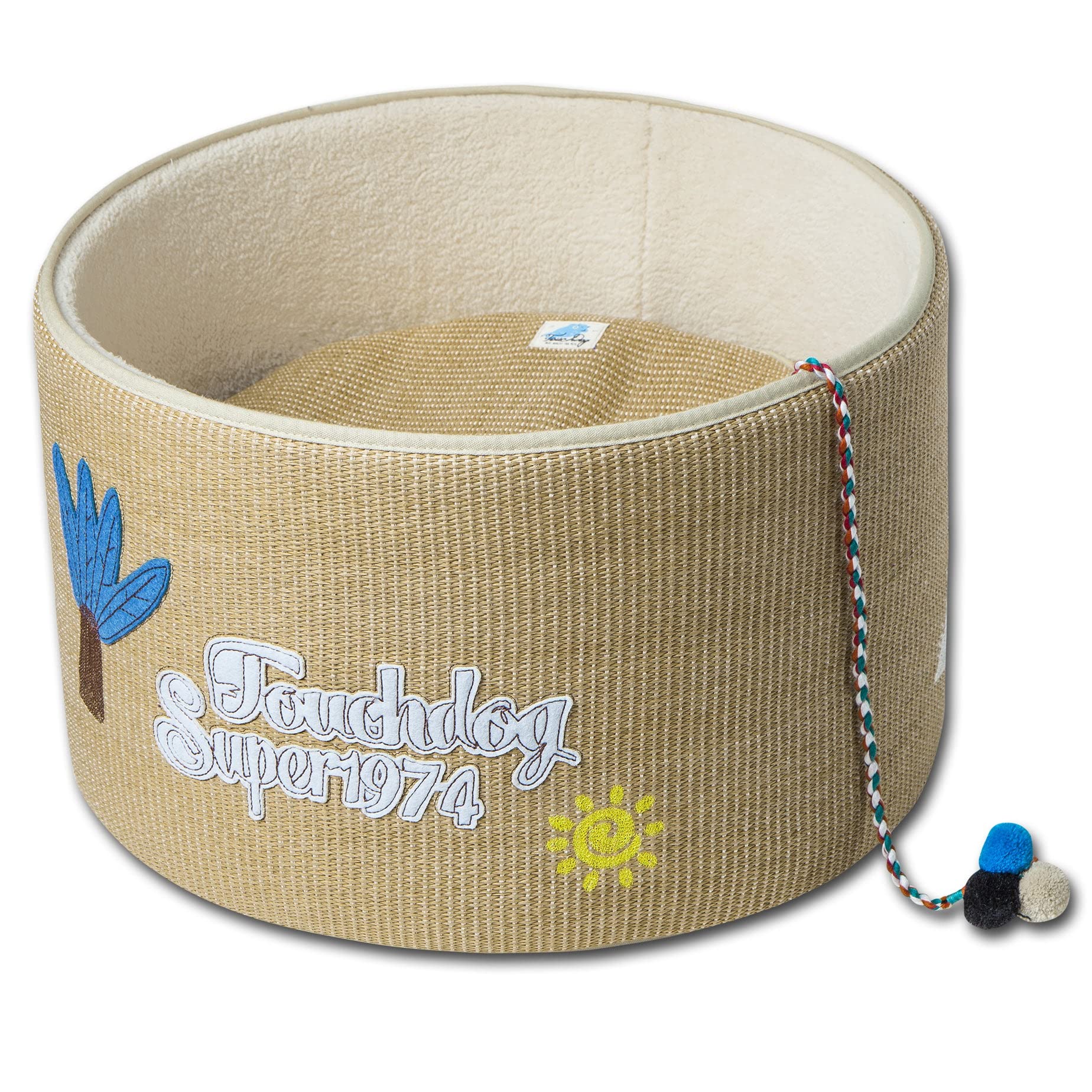 Touchcat 'Clawver Nest' Round Cat Bed - Reversible Cushion Pet Furniture with Carpet Scratcher & Built-in Hanging Teaser Toy | Cozy Cat Lounge for Indoor Kittens, Perfect for Living Room or Bedroom