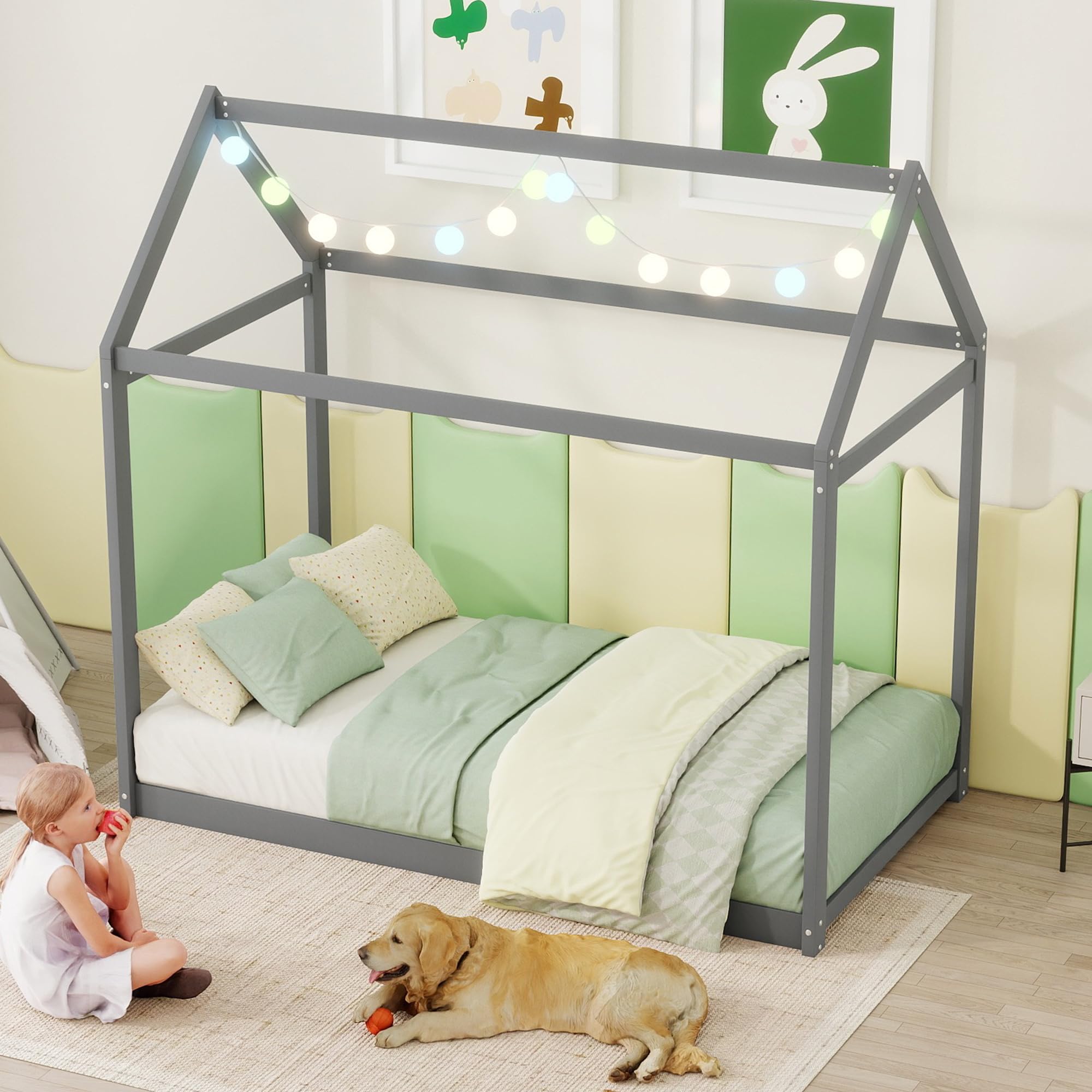Bellemave Twin Size Kids House Floor Bed - Solid Pine Wood Montessori Bed for Toddlers & Children (Gray) - Perfect for Playrooms, Bedrooms & Montessori Learning Spaces