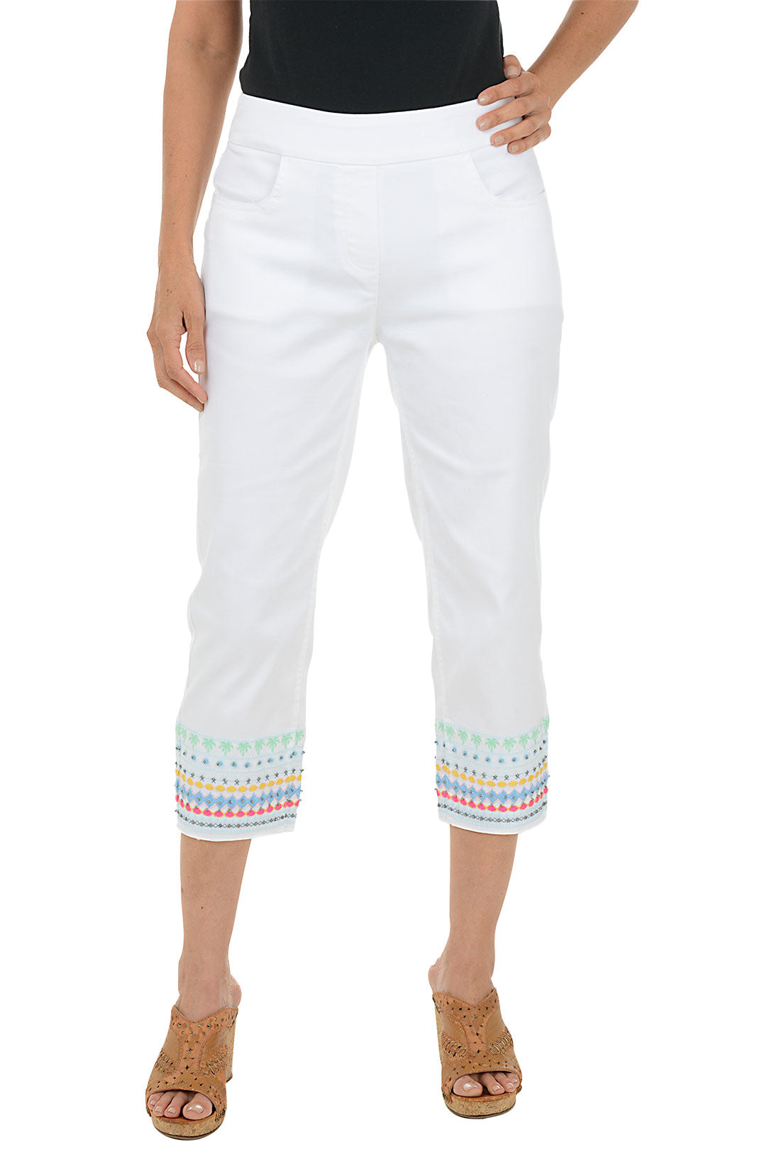 Embroidered Hem Denim Capri Pants for Women - Boho Chic Summer Casual Wear - Perfect for Beach, Travel, and Everyday Outfits