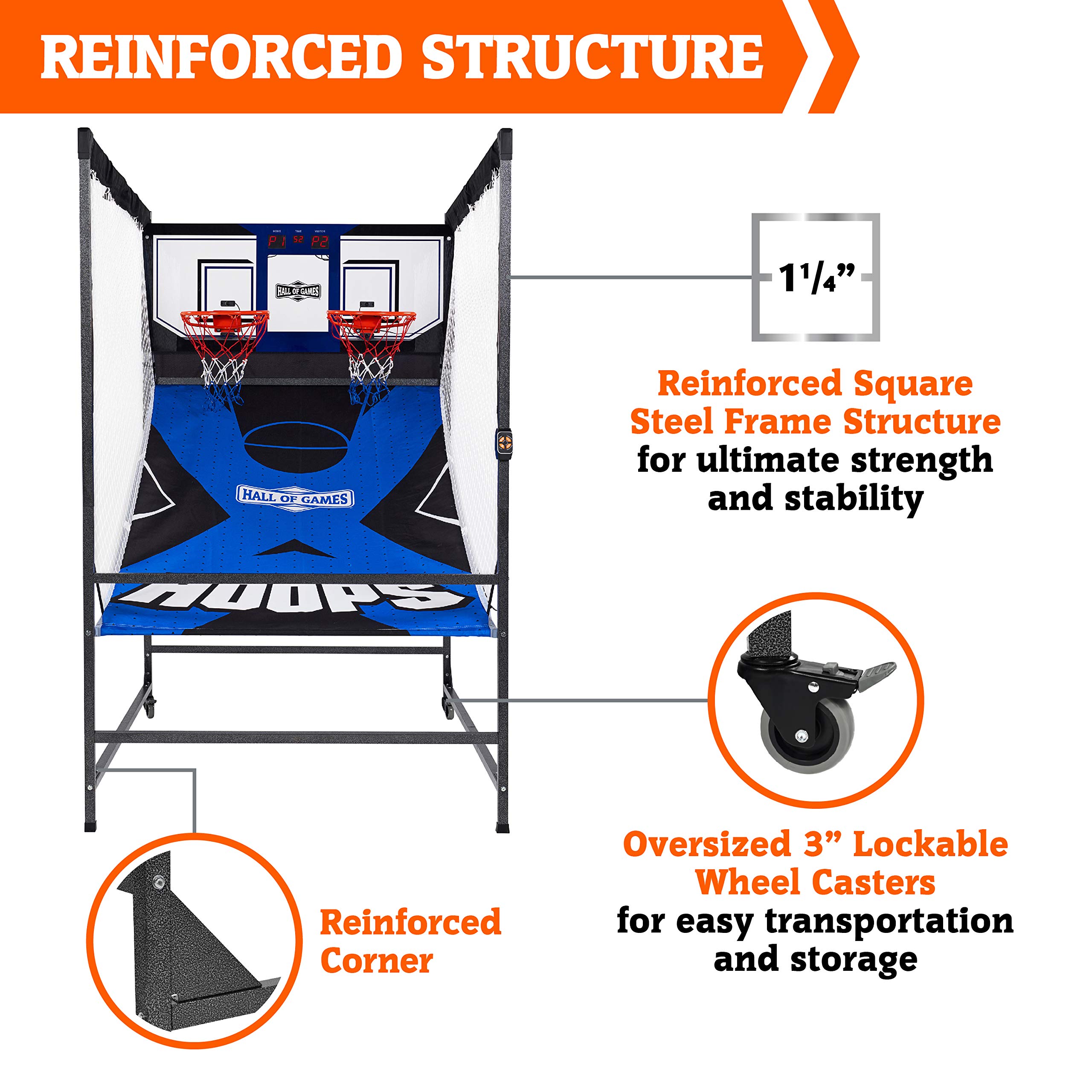 Hall of Games Premium Arcade Cage Basketball Game - Steel Frame & Polycarbonate Backboard, Dual Shot LED Scoring with 6 Size 8.5 Inch Basketballs - Perfect for Indoor Sports, Game Rooms & Family Fun
