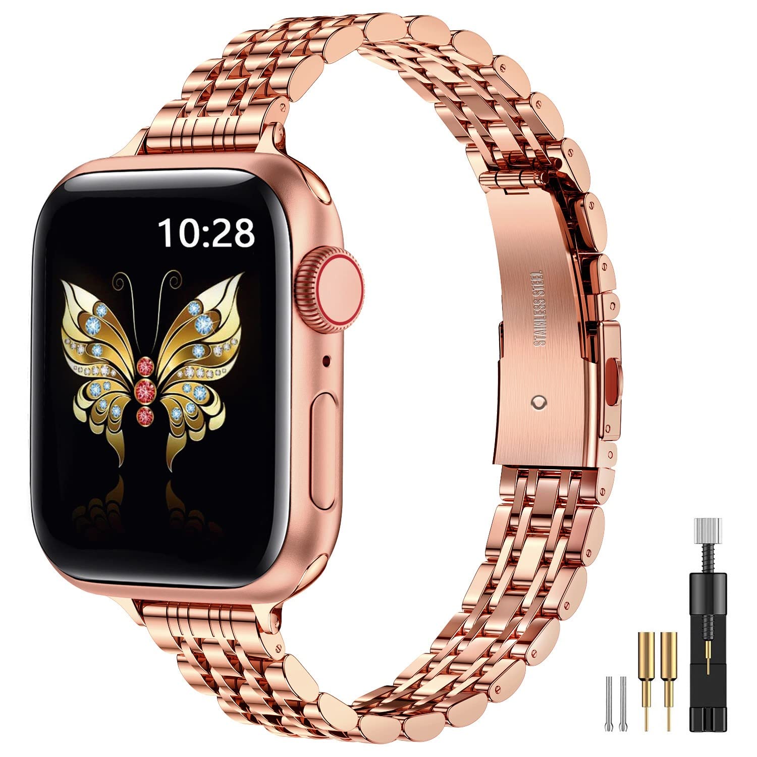 Slim Metal Band for Apple Watch 49mm 46mm 45mm 44mm 42mm - Stainless Steel Chain Strap Compatible with Series 10/9/8/7/6/5/4/SE/Ultra 2/1 - Rose Gold Women's Dressy iWatch Band | Perfect for Work, Parties & Everyday Wear
