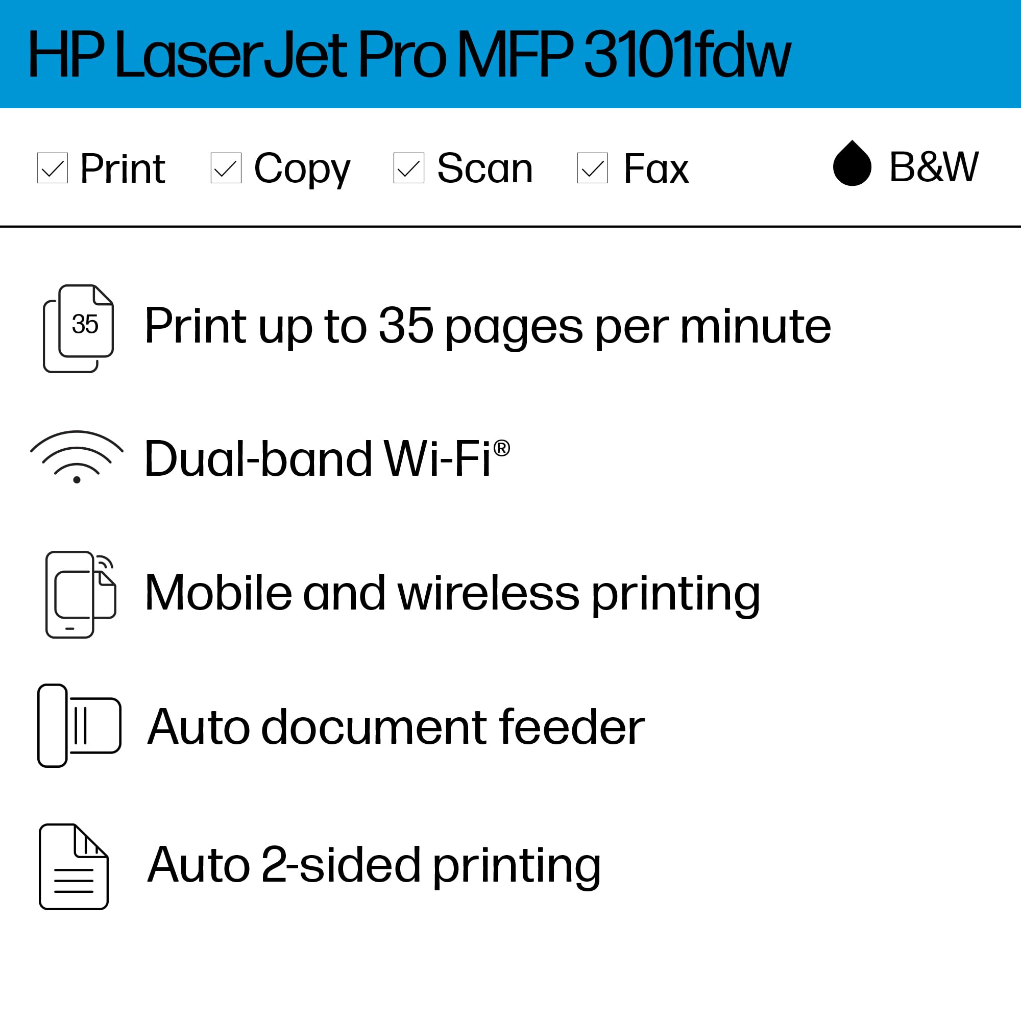 HP LaserJet Pro MFP 3101fdw Wireless All-in-One Laser Printer - Black & White Printing, Scanning, Copying & Faxing | Fast Office Printer with Automatic Document Feeder | Ideal for Home Office & Small Business (3G628F)