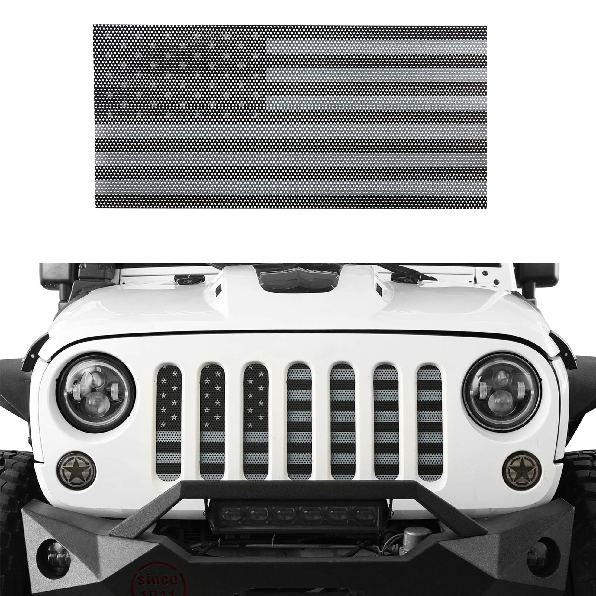 Hooke Road Black Front Grill Mesh Grille Insert with US Flag Design for 2007-2018 Jeep Wrangler JK & Unlimited - Off-Road Protection & Custom Style Upgrade