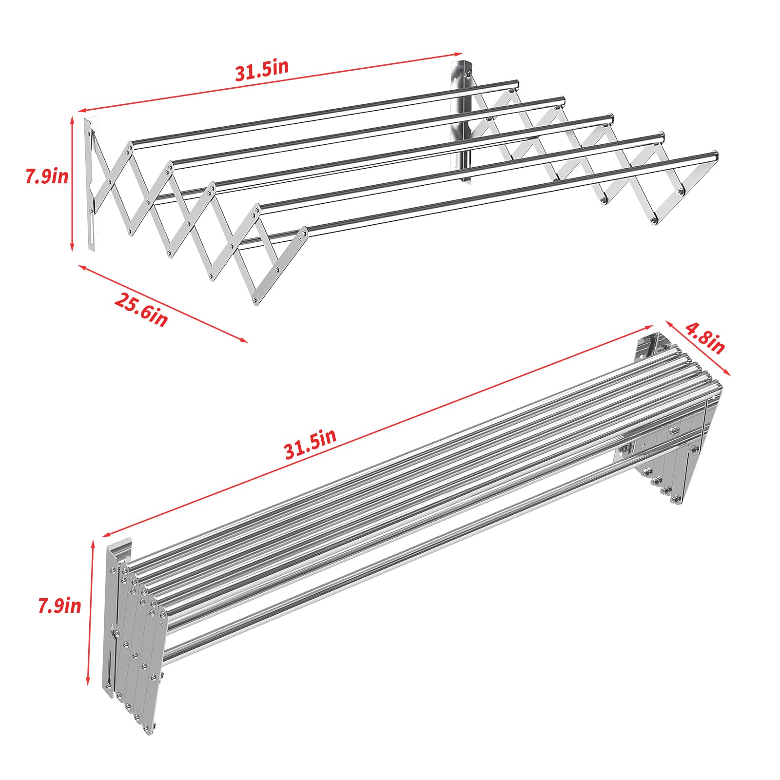 Stainless Steel Wall Mounted Foldable Clothes Drying Rack - 31 Inch Heavy Duty Laundry Drying Rod with 120 lbs Capacity for Indoor & Outdoor Use - Perfect for Small Spaces, Apartments, Bathrooms & Balconies