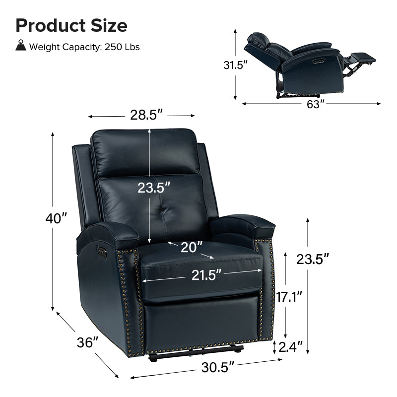 Premium Stefan Genuine Leather Power Recliner with Nailhead Trim - Electric Adjustable Sofa for Living Room, Home Theater & Office - Comfortable Leather Lounge Chair with USB Charging Port