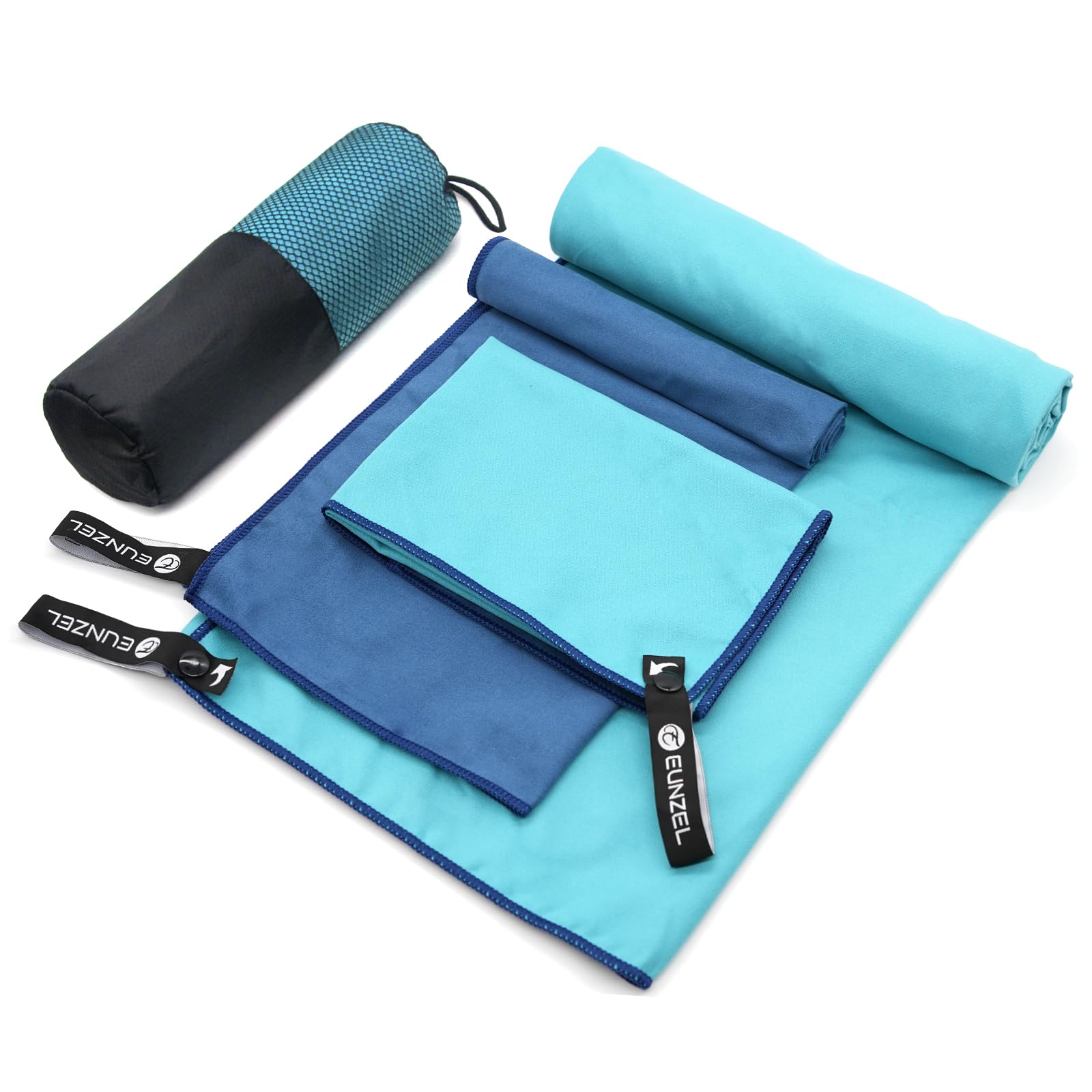 **Eunzel Quick Dry Camping Towel - Microfiber Travel Towel Set (3 Sizes in 1 Pack) - Ultra Absorbent & Fast Drying for Camping, Beach, Gym, Sports, Yoga & Swimming - Navy & Cyan - Perfect for Outdoor Adventures & Travel**