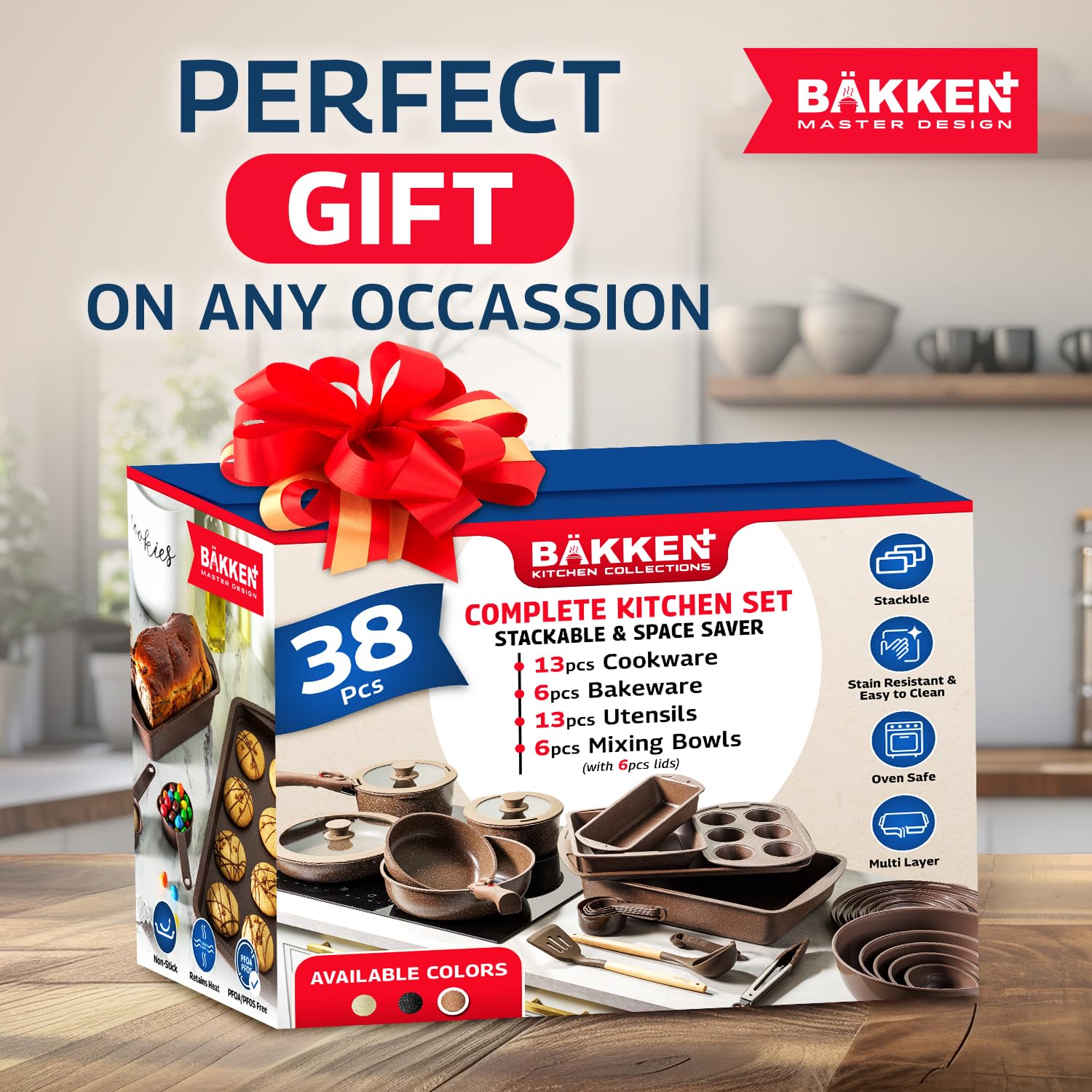 Bakken Master 38-Piece Granite Cookware and Bakeware Set - Nonstick Granite Coating Pots & Pans with Removable Handles, Tempered Glass Lids, 6-Piece Bakeware, 12-Piece Mixing Bowls - Perfect for Baking, Cooking & Meal Prep - Brown