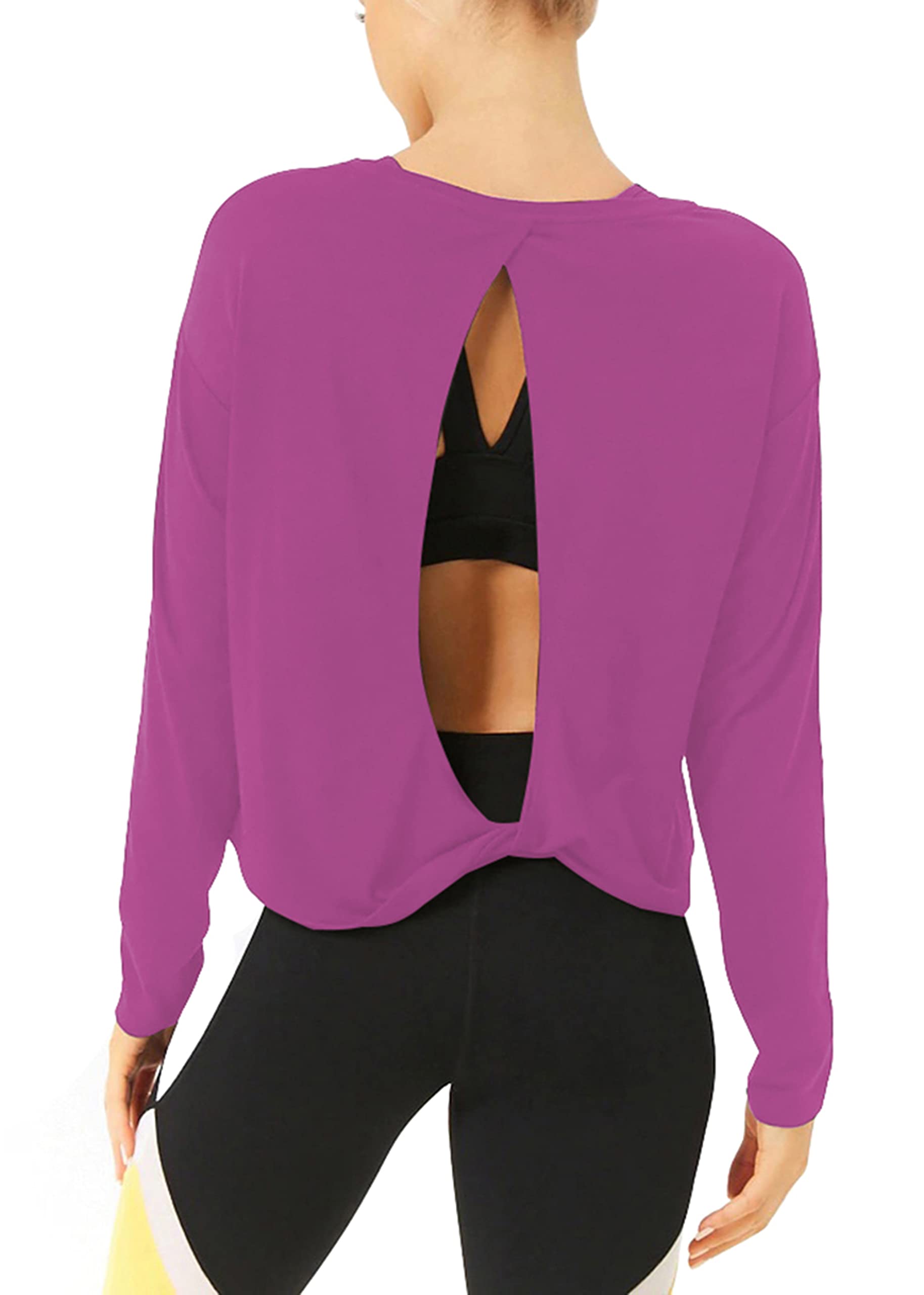 Bestisun Women's Long Sleeve Workout Shirts - Yoga & Dance Tops with Open Back Design - Breathable Athletic Clothes for Gym, Running & Fitness Training