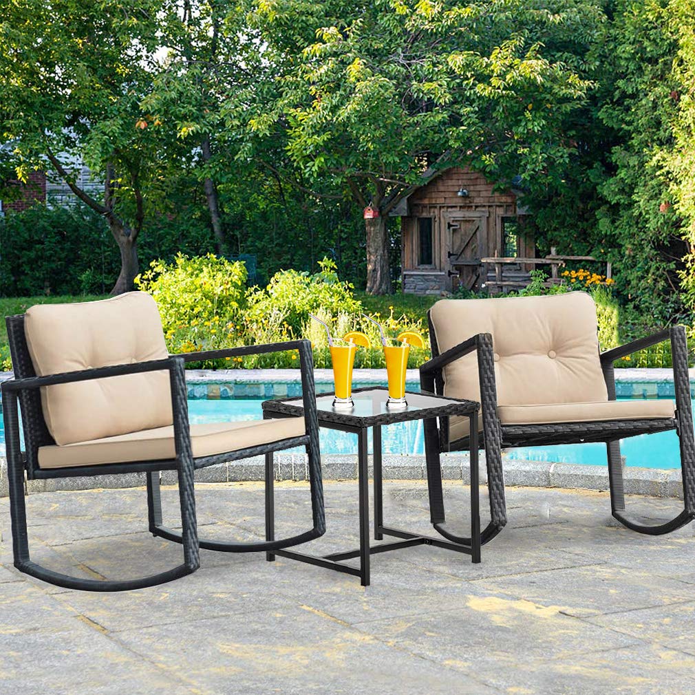 Vnewone 3-Piece Outdoor Patio Furniture Set - Black Wicker Rocking Chairs with Coffee Table, Rattan Bistro Set for Garden, Yard, and Outdoor Conversation Areas - Perfect for Relaxing, Entertaining, and Enjoying Your Backyard Space