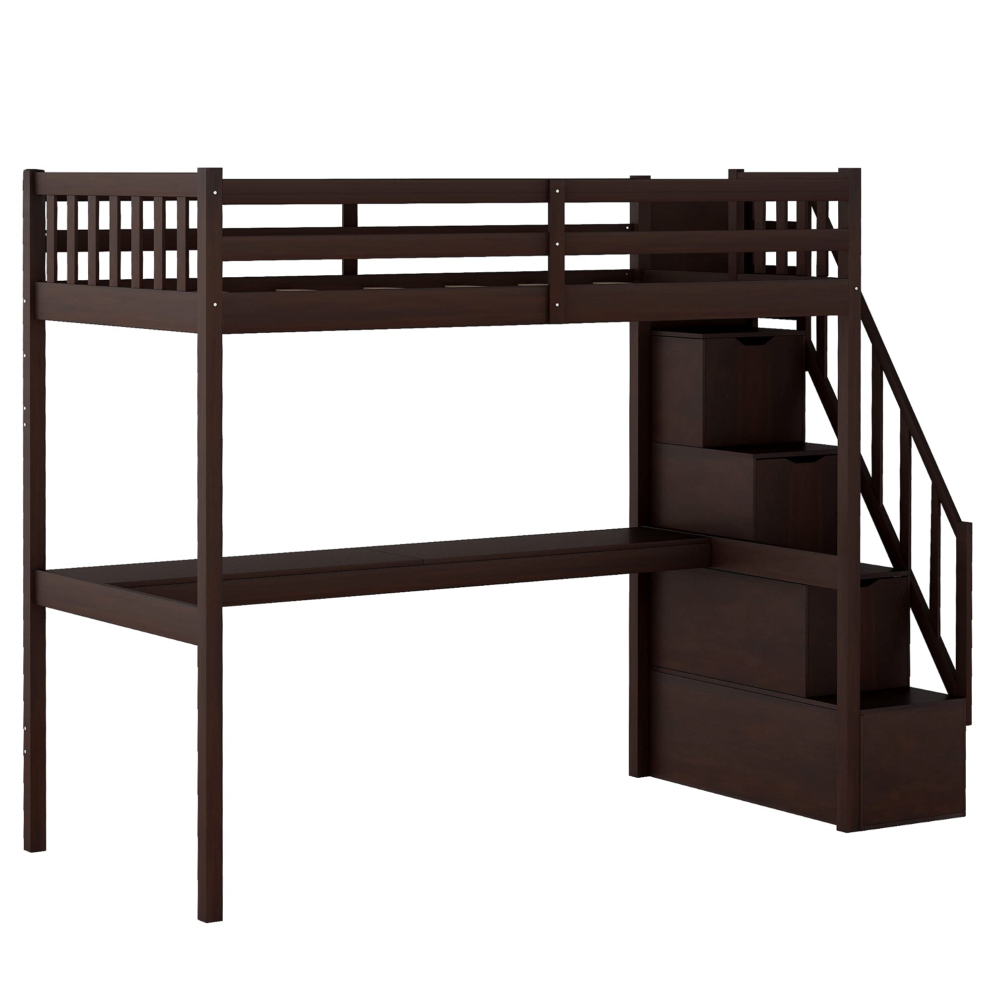 Harper & Bright Designs Twin Loft Bed with Staircase & Desk - Solid Wood Kids Bunk Bed Frame with Safety Guardrail - No Box Spring Required (Espresso, Twin Size) - Perfect for Small Bedrooms, Dorm Rooms & Kids' Sleepovers