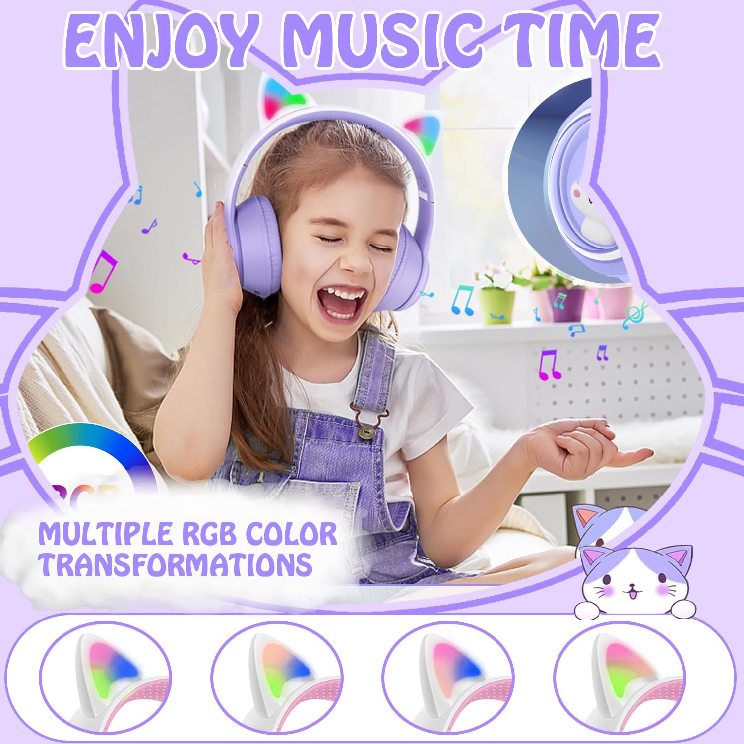 Wireless Cat Ear Headphones with RGB Lighting - Foldable On-Ear Stereo Bluetooth 5.3 Headset for Gaming, HD Mic, Compatible with Smartphones, PC & Tablet - Perfect for Cosplay, Streaming & Mobile Gaming