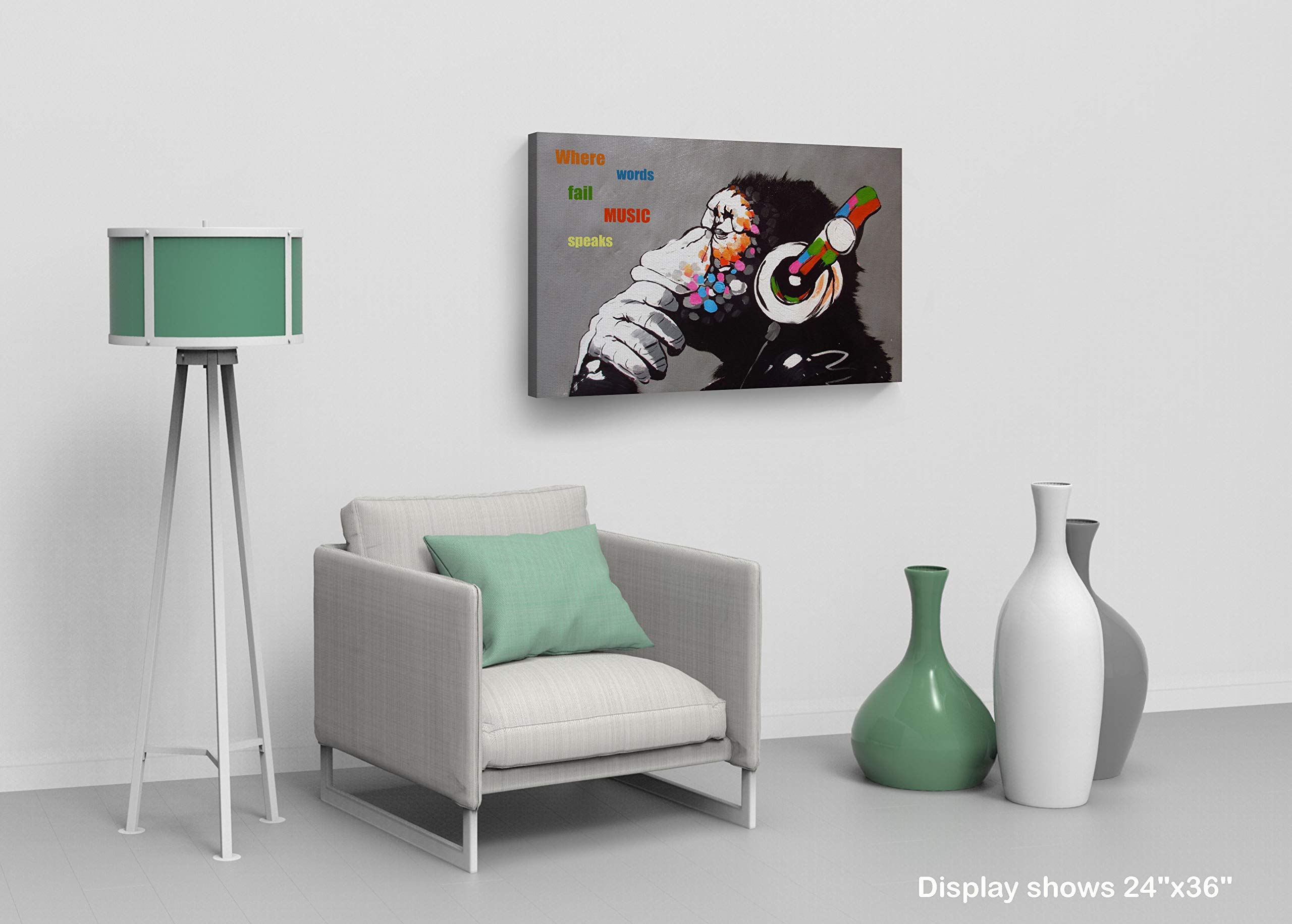 Banksy Wall Art Canvas Print - Gorilla 'Where Words Fail Music Speaks' Quote Oil Painting | Handmade in USA | 24x36 Inches | Ready to Hang Home Decor | Perfect for Living Room, Bedroom & Office Wall Art