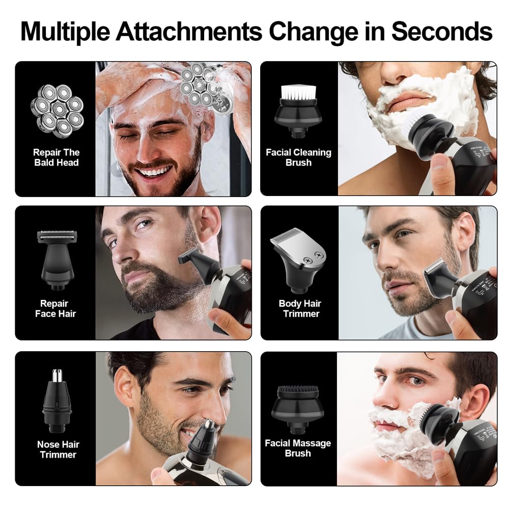 6-in-1 USB Rechargeable Electric Head Shaver for Bald Men - Wet/Dry LED Display Cordless Grooming Kit with Nose Hair Trimmer - Fast Charging for Smooth Shaving at Home, Gym or Travel