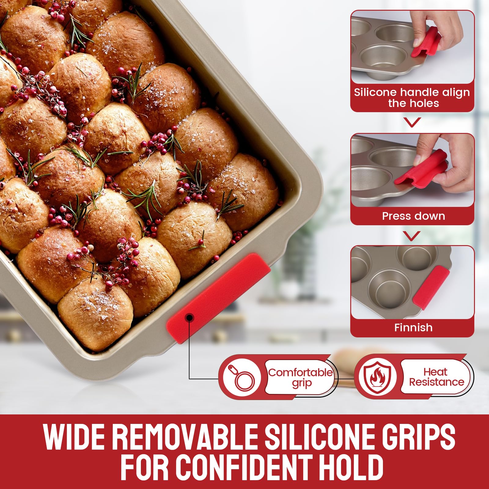 Premium 9-Piece Nonstick Bakeware Set - Cookie Sheet, Cake Pans, Muffin Pan, Roasting Pan & Cookie Cutters with Ergonomic Handles | Perfect for Baking Cookies, Cakes, Cupcakes & Holiday Roasts - Champagne Gold