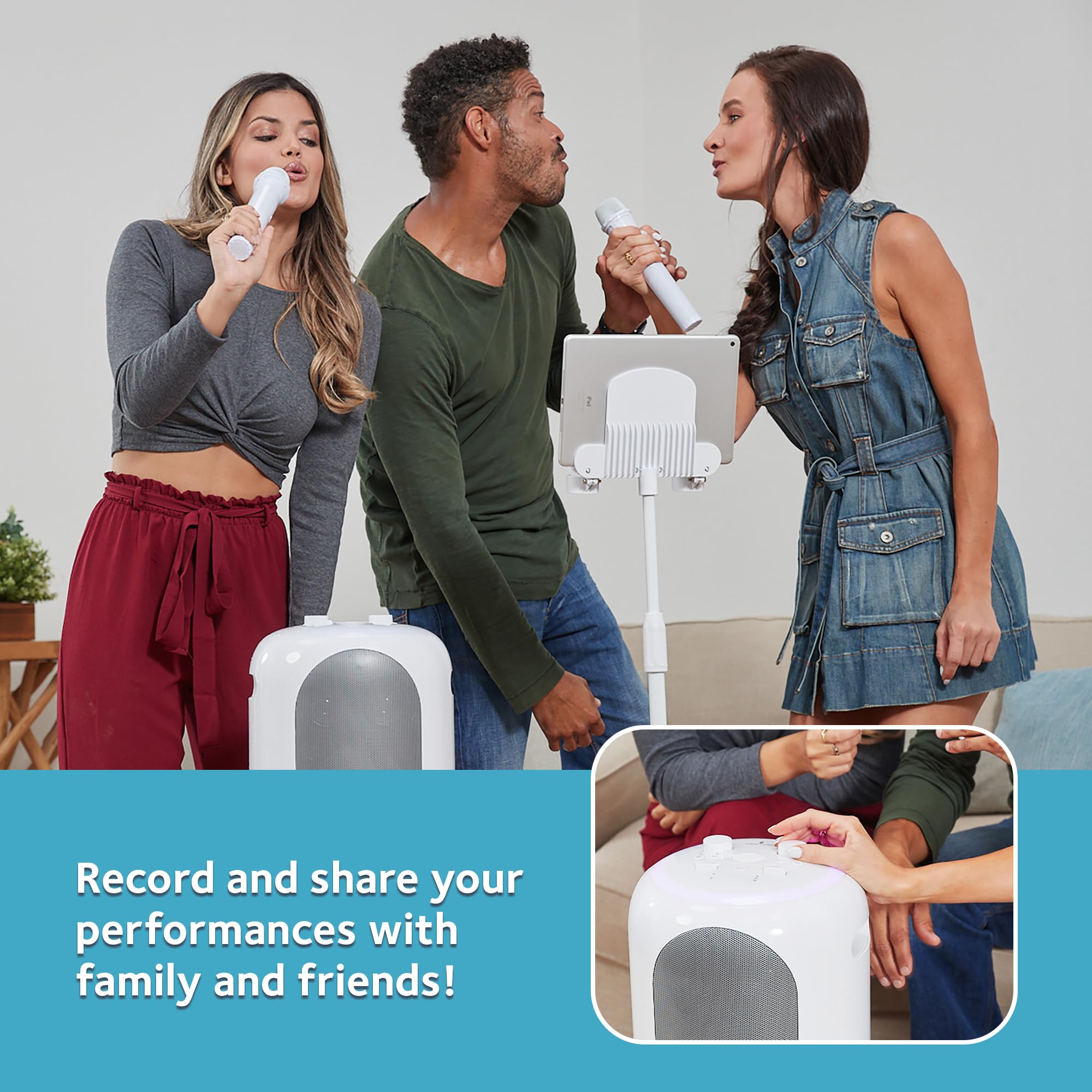 Singing Machine Portable Karaoke System with 2 Wireless Microphones - Bluetooth Home Karaoke Machine for Adults & Kids - Built-in Speaker, LED Lights & Voice Enhancer - Perfect for Parties, Family Gatherings & Home Entertainment (White)