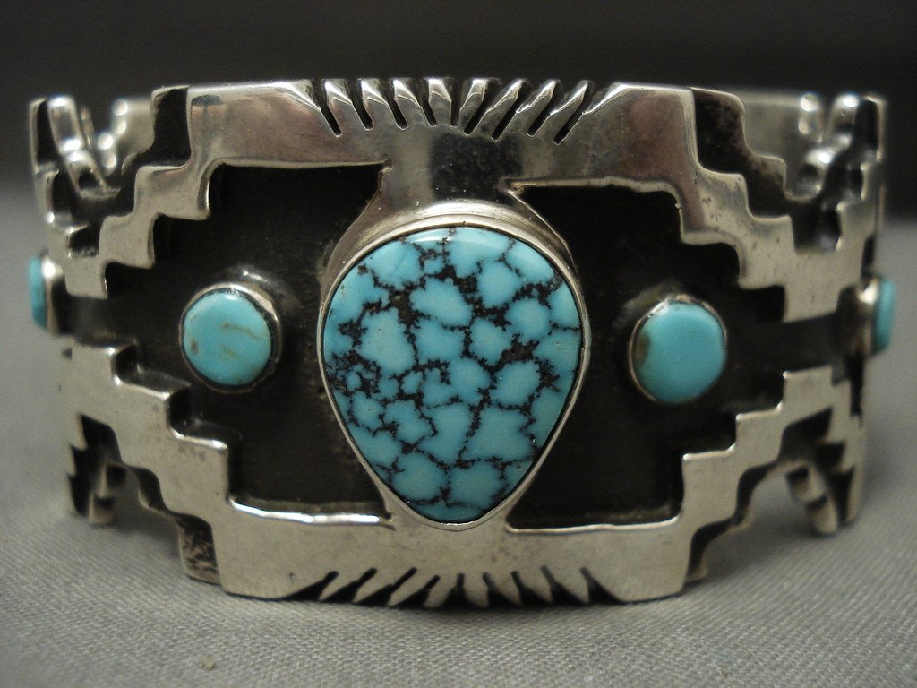 115 Grams Stunning Navajo Lone Mntn Turquoise Native American Jewelry Silver Geometric Bracelet