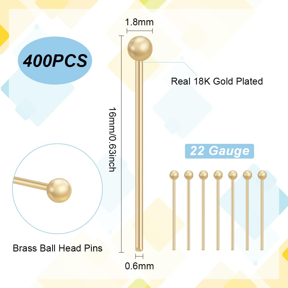 BENECREAT 400PCS 18K Gold Plated Ball Head Pins, 22 Gauge 0.6mm Brass Satin Pins, 0.6 Inch 16mm Straight Headpins for Jewelry Making - Perfect for Pendants, Earrings, Bracelets & DIY Craft Projects