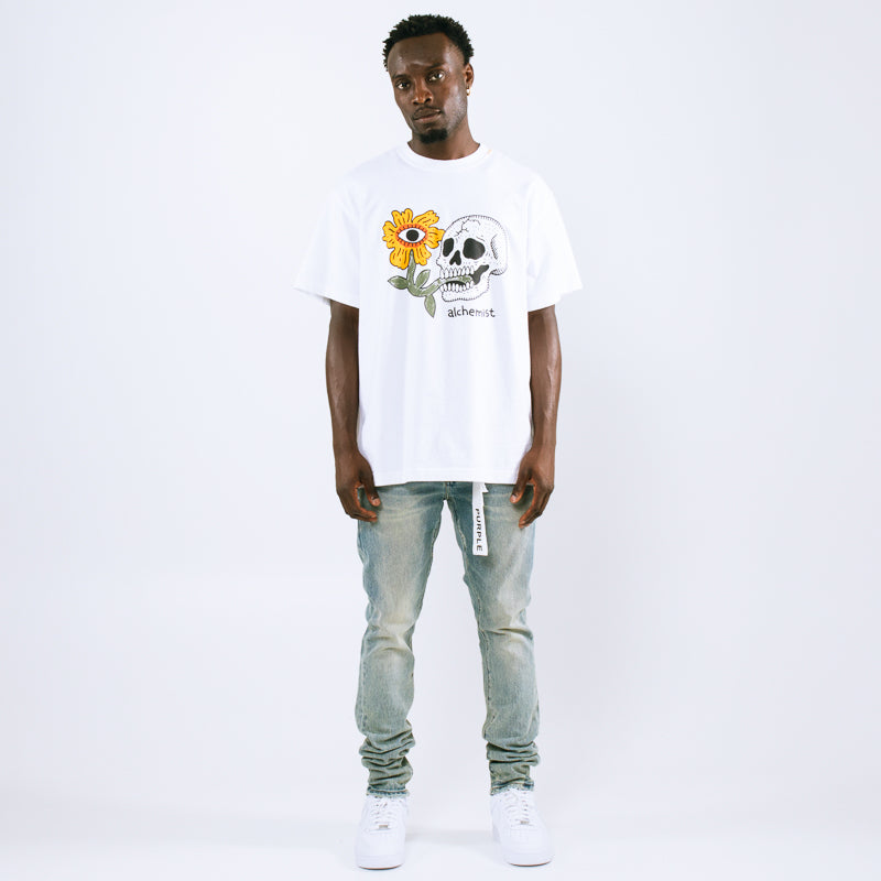 Alchemist Floral Skull T-Shirt for Men & Women | Gothic Graphic Tee | White Cotton Streetwear | Perfect for Halloween, Concerts & Alternative Fashion