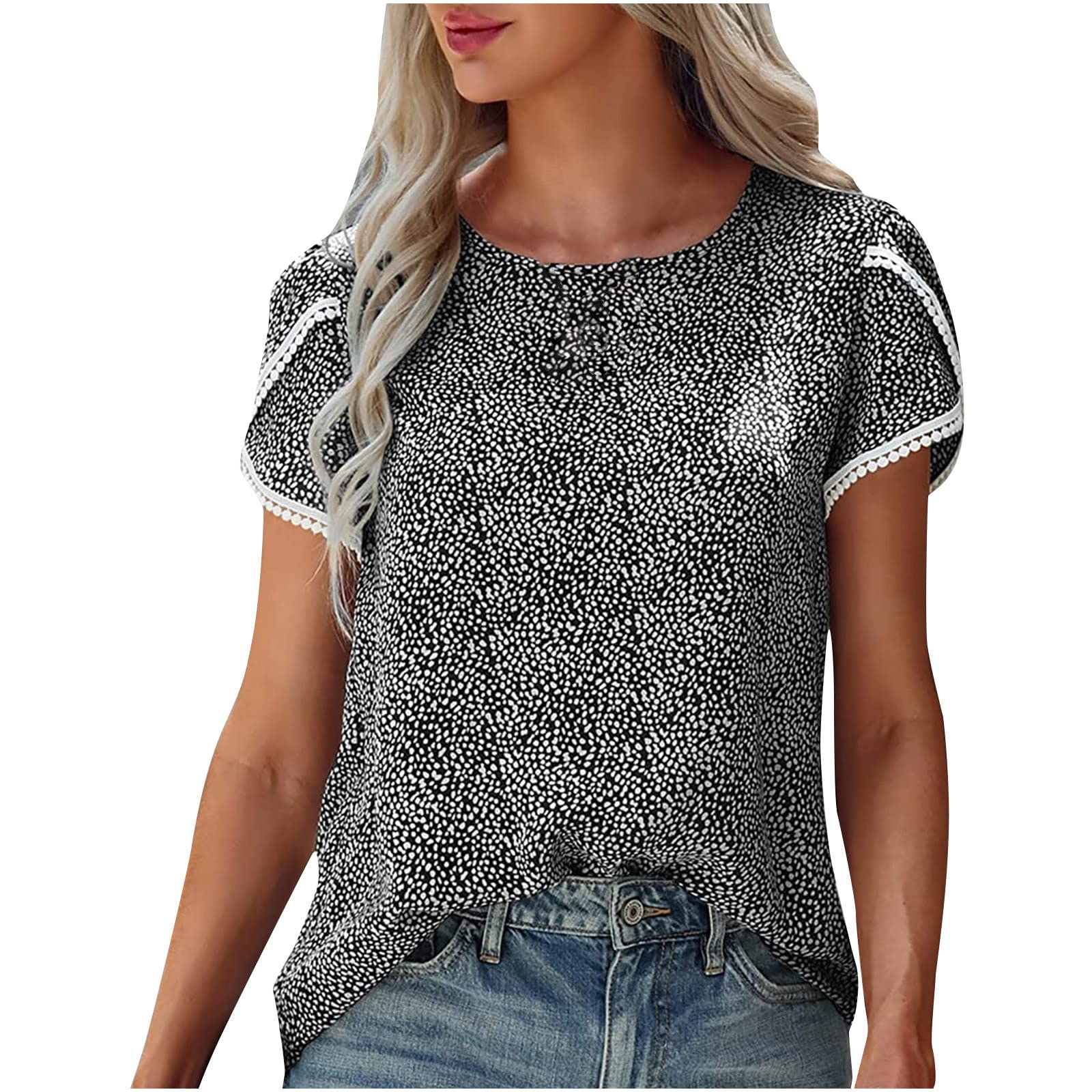 Wirziis Women's Summer Blouse - Tulip Petal Sleeve Polka Dot Ruffled Swing Tunic Top, Loose Fit Casual & Dressy Shirt for Office, Date Night & Summer Outings