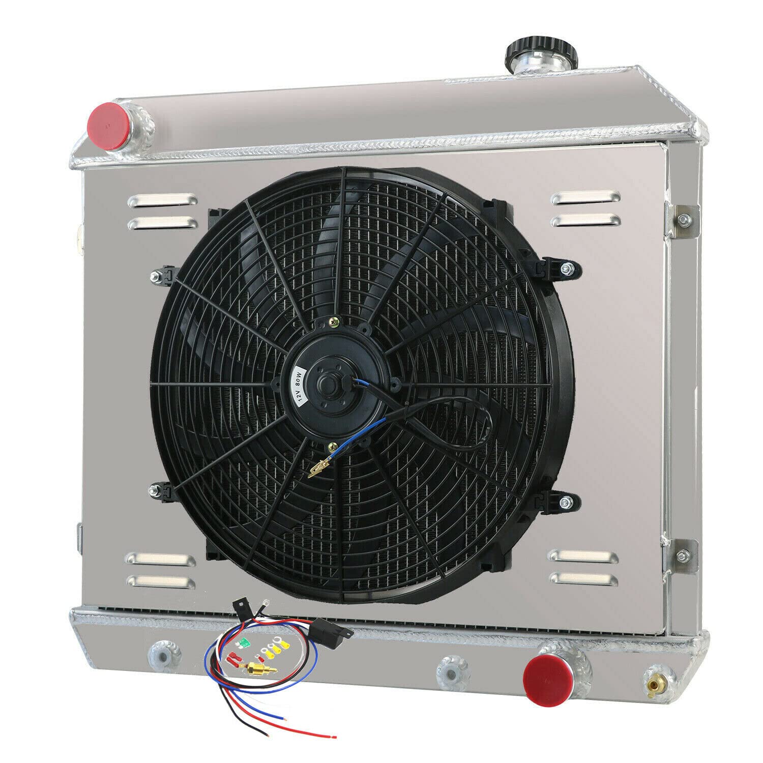 4 Row Aluminum Radiator with Shroud Fan & Relay Kit - Compatible with 1963-1966 Chevy C/K 10 20 30 Pickup C10 C20 C30 - Perfect for Engine Cooling & Off-Road Performance
