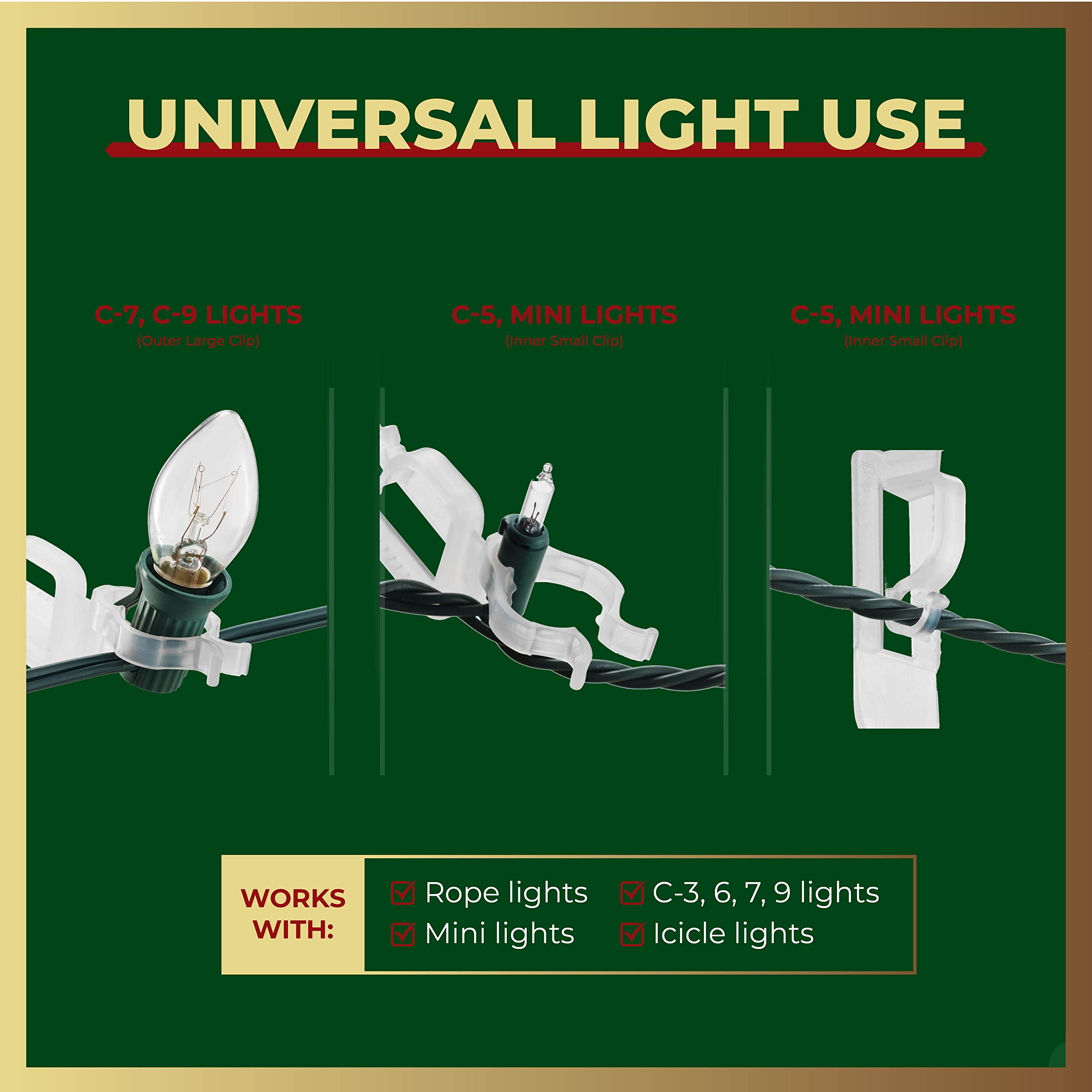 400-Pack All-Purpose Christmas Light Clips for Outdoor Holiday Decorations - Universal Fit for Mini, C6, C7, C9, Rope & Icicle Lights - Easy Shingle & Gutter Mounting (No Tools Needed) - Perfect for Roof, Fence & Window Decor - Made in USA