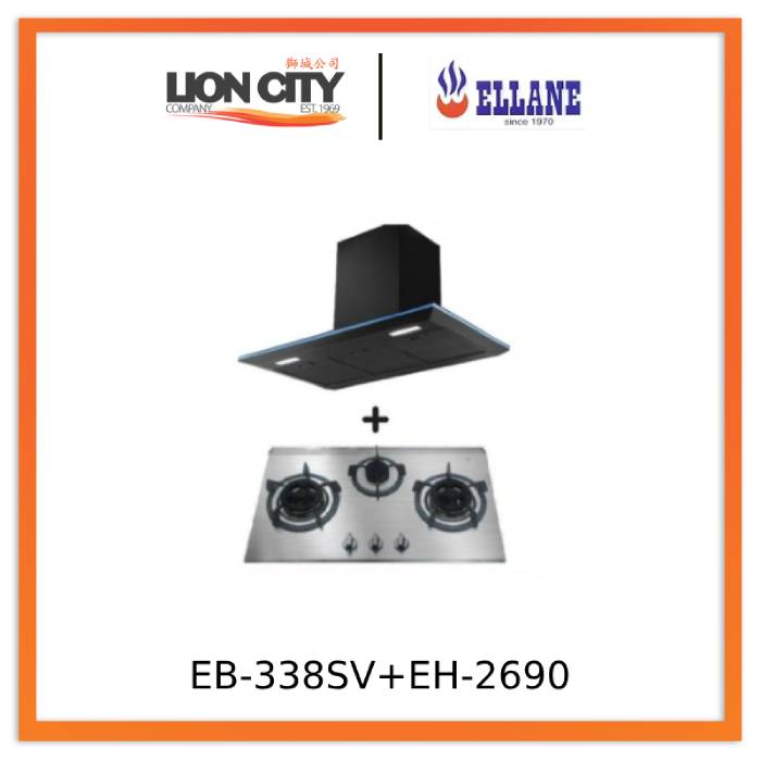 Ellane EH 2690 90cm Black Designer Chimney Range Hood & EB 338SV 76cm 3-Burner Stainless Steel Gas Cooktop - Modern Kitchen Ventilation & Cooking Solution for Home Chefs