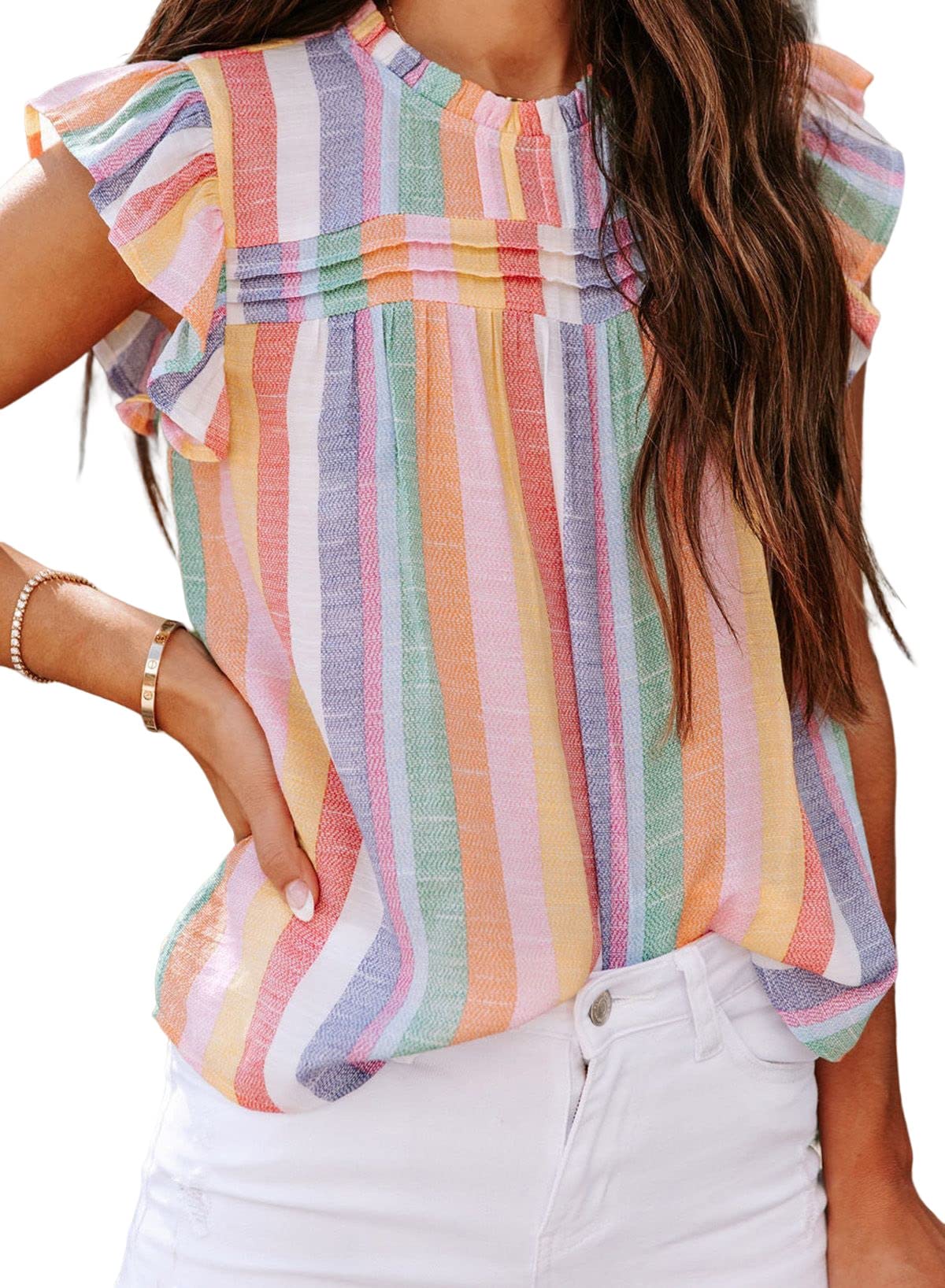 SHEWIN Women's Summer Crewneck Tank Tops - Casual Ruffle Sleeveless Blouse for Beach, Vacation & Everyday Wear
