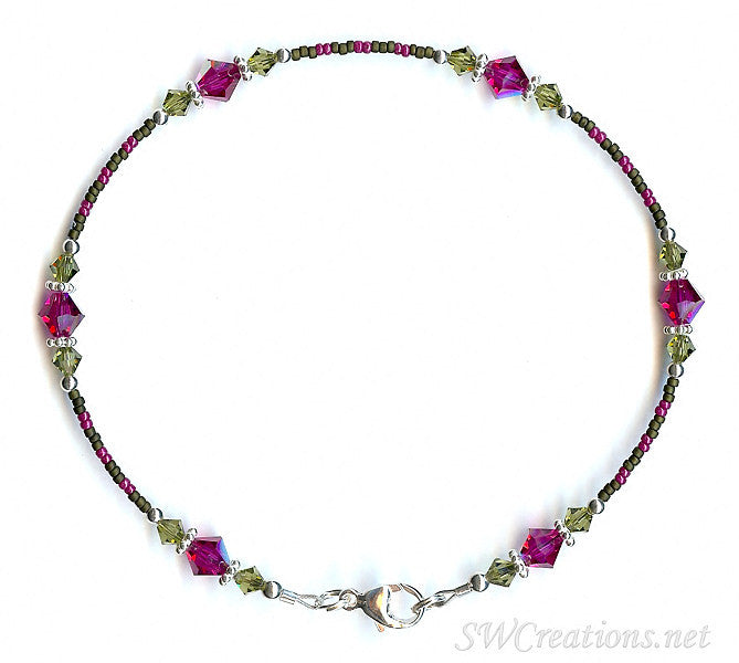 Khaki Fuchsia Persian Crystal Anklet - Elegant Bohemian Ankle Bracelet for Women, Handmade Beaded Jewelry for Summer, Festivals, Beach & Boho Fashion