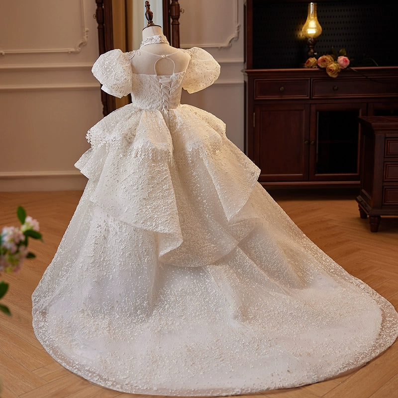 Elegant Princess V-Neck Floor-Length Lace Flower Girl Dress in White - Perfect for Weddings, Baptisms & Special Occasions