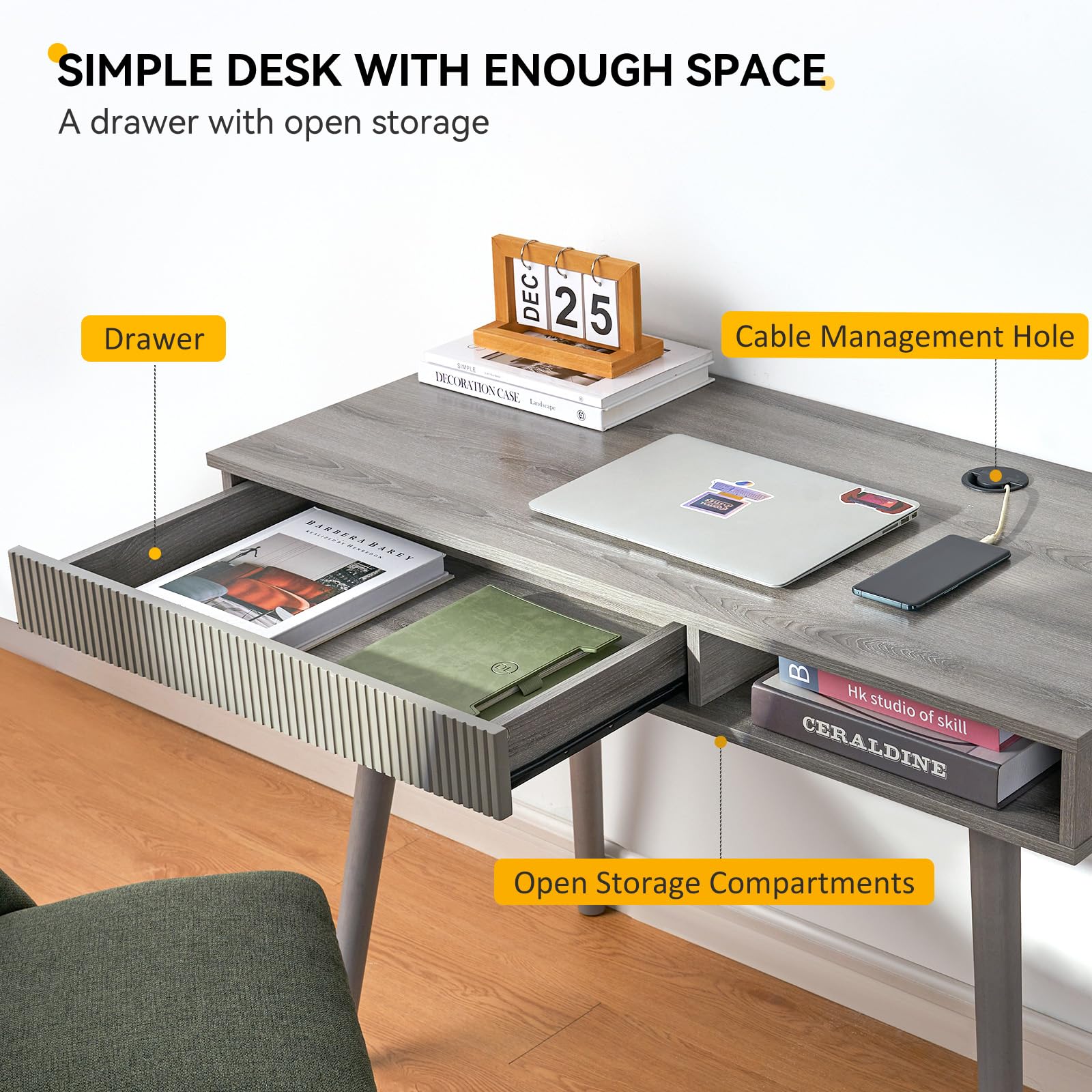 Mid Century Modern Office Desk with Drawer - Simple Home Writing Desk in Grey | Perfect for Home Office, Study & Workspace